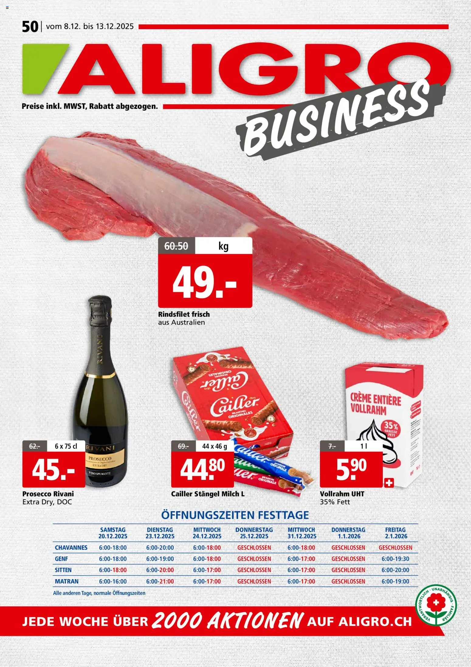 Aligro Aktionen Business Chavannes, Matran, Genf, Sitten – gültig ab 08.12.2025 | Seite: 1 | Produkte: Milch, Creme