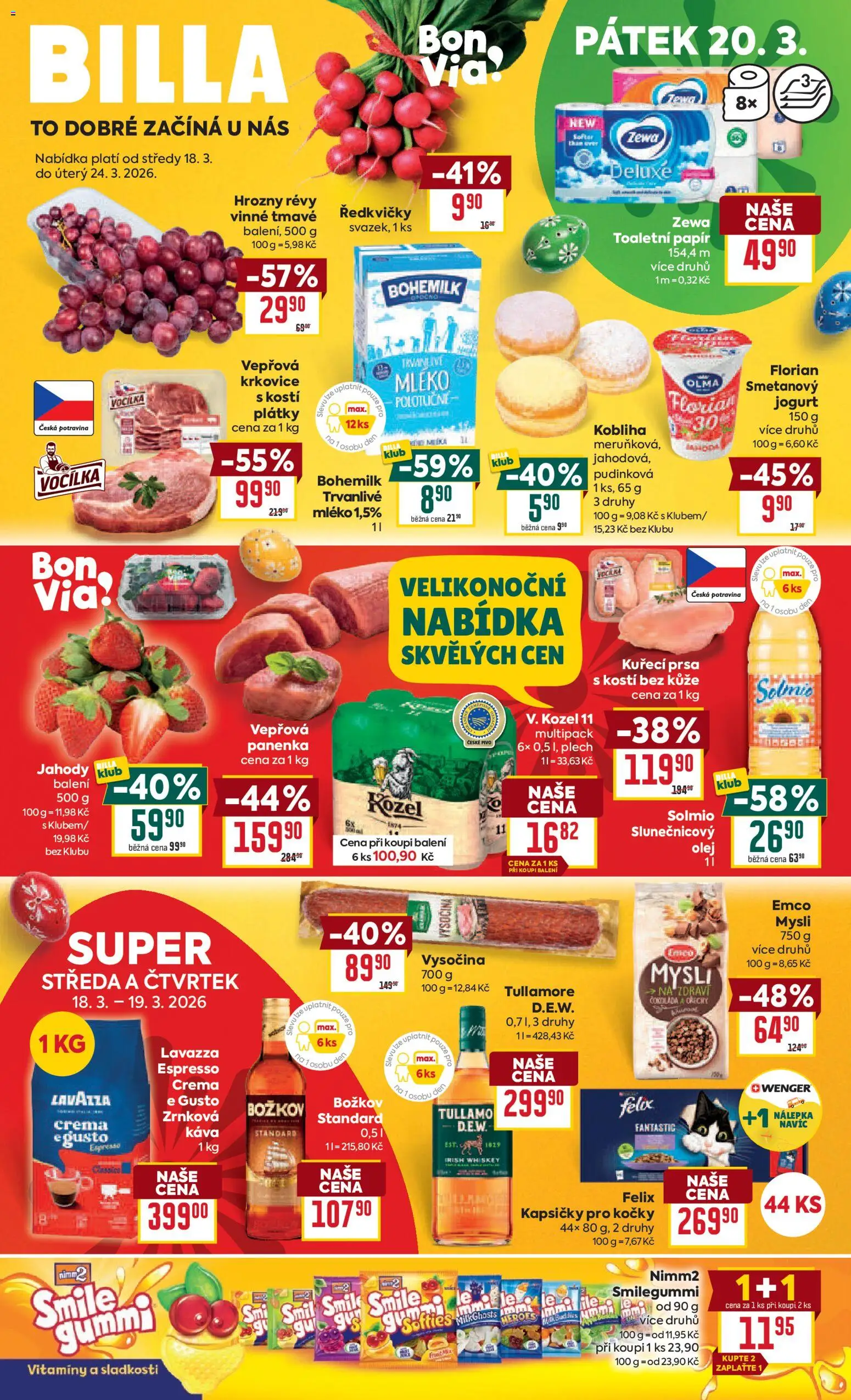Billa Velký leták od 18.03.2026 | Strana: 1 | Produkty: Mléko, Káva, Vitamíny, Mysli