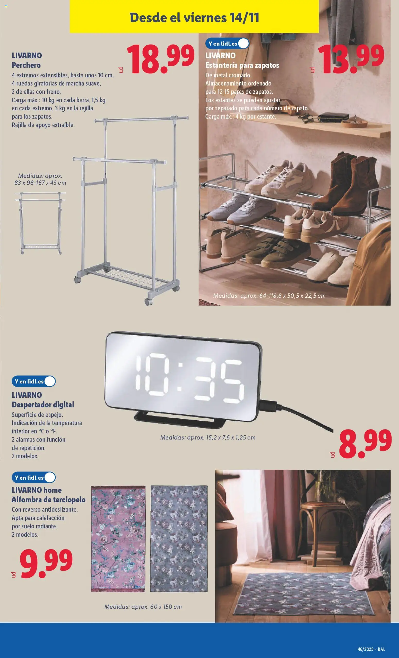 Lidl folleto de bazar │ válido desde el 10.11.2025 | Página: 29 | Productos: Perchero, Estantería para zapatos, Despertador, Alfombra