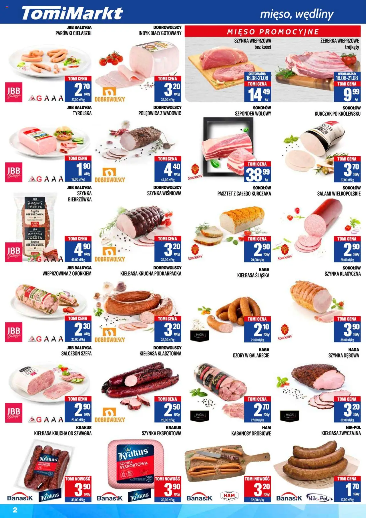 TomiMarkt Gazetka od 16.08.2025 | Strona: 2 | Produkty: Kiełbasa, Parówki, Kiełbasa śląska, Wieprzowina