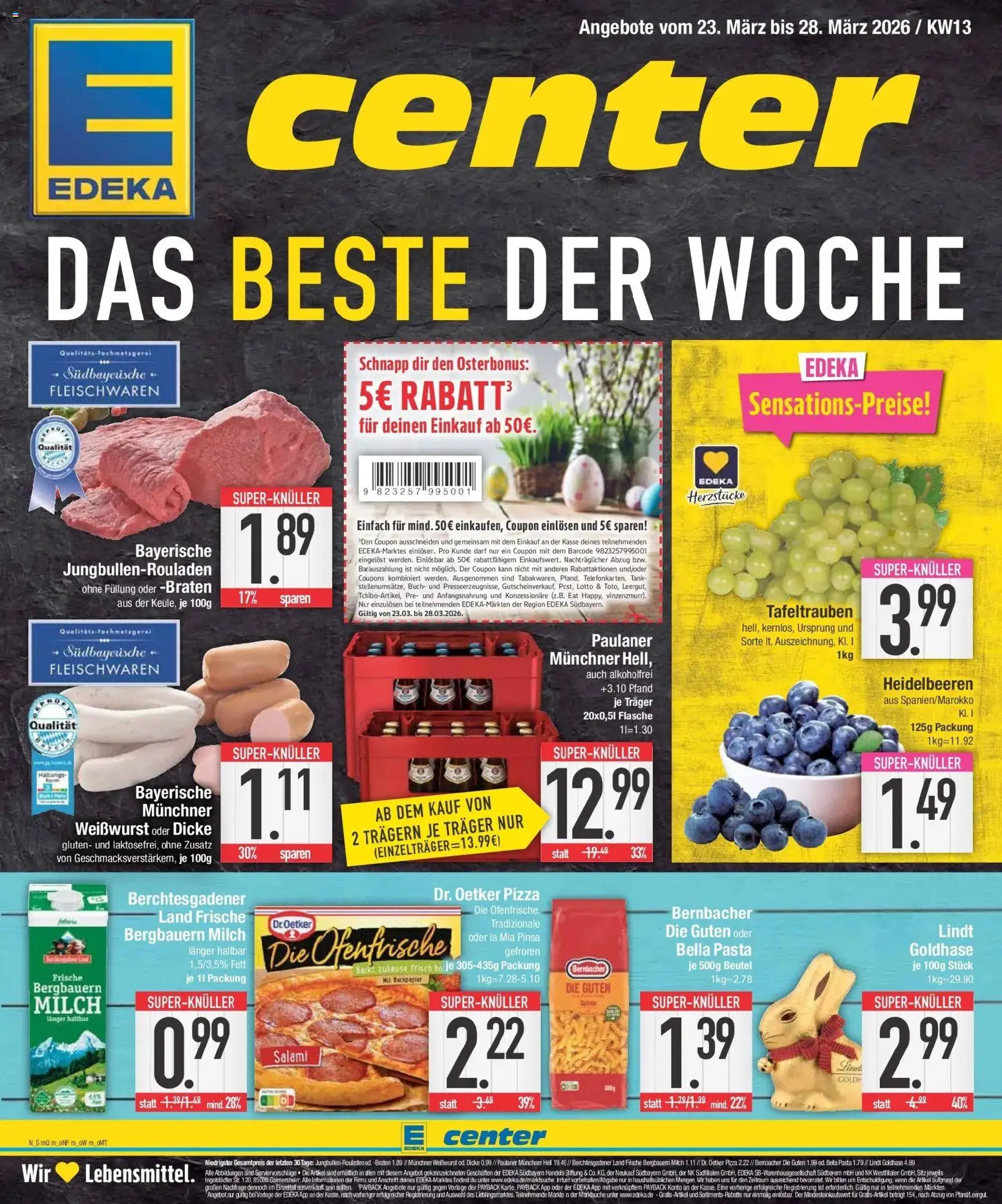 E center Prospekt München	 – gültig ab 23.03.2026 | Seite: 1 | Produkte: Milch, Heidelbeeren, Pizza, Lindt