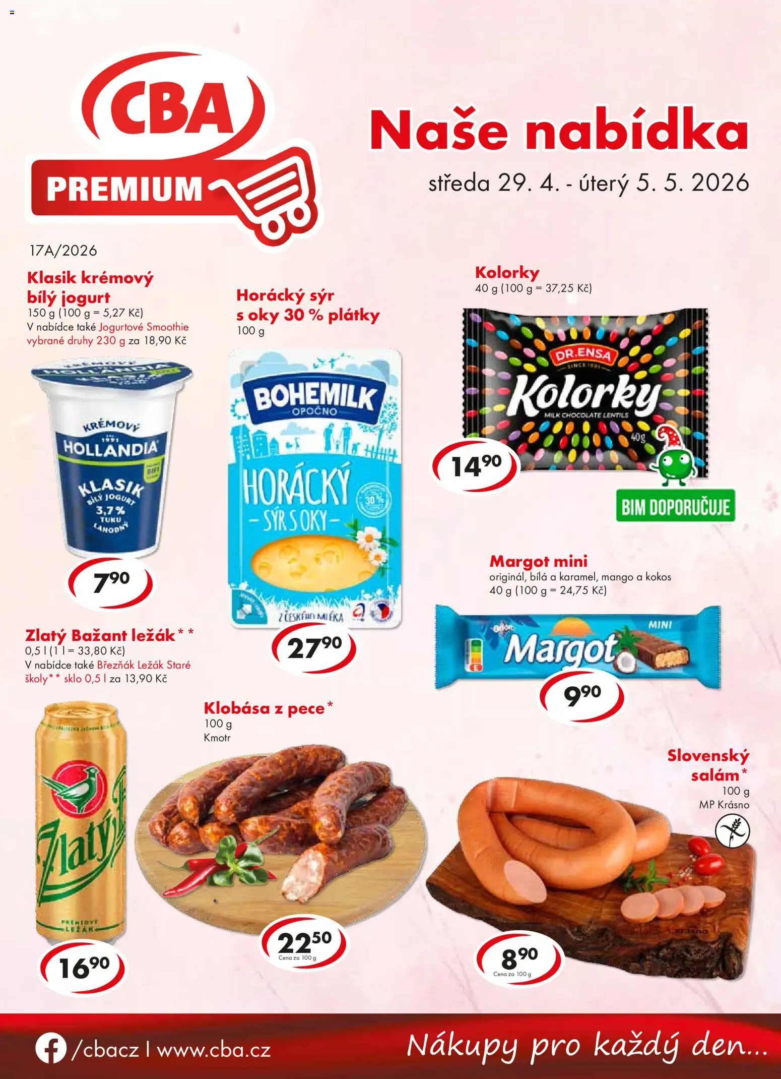 CBA leták - Premium od 29.04.2026 | Strana: 1 | Produkty: Zlatý Bažant, Klobása, Smoothie, Bílý jogurt
