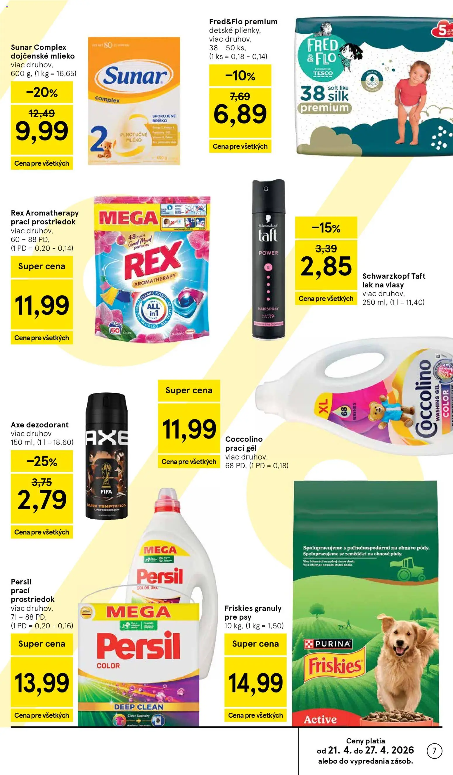 Nové Tesco akcie – leták je platný od 22.04.2026 | Strana: 7 | Produkty: Friskies, Persil, Sunar, Dezodorant