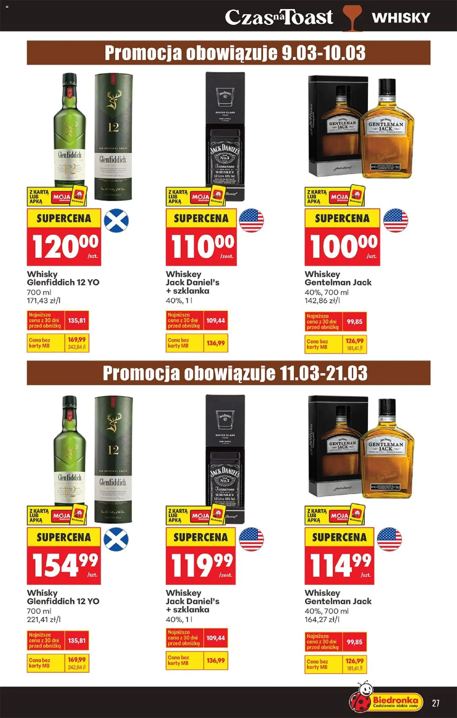 Biedronka gazetka - Czas na toast od 09.03.2026 | Strona: 27 | Produkty: Szklanka, Karta, Gentleman Jack, Jack Daniel's