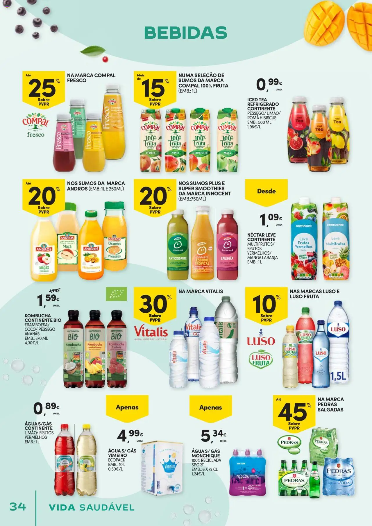 Continente - Vida Saudável: É de quem quer comer bem sem ginástica na carteira │ válido de 21.10.2025 | Página: 34 | Produtos: Agua, Kombucha, Maça, Maçãs