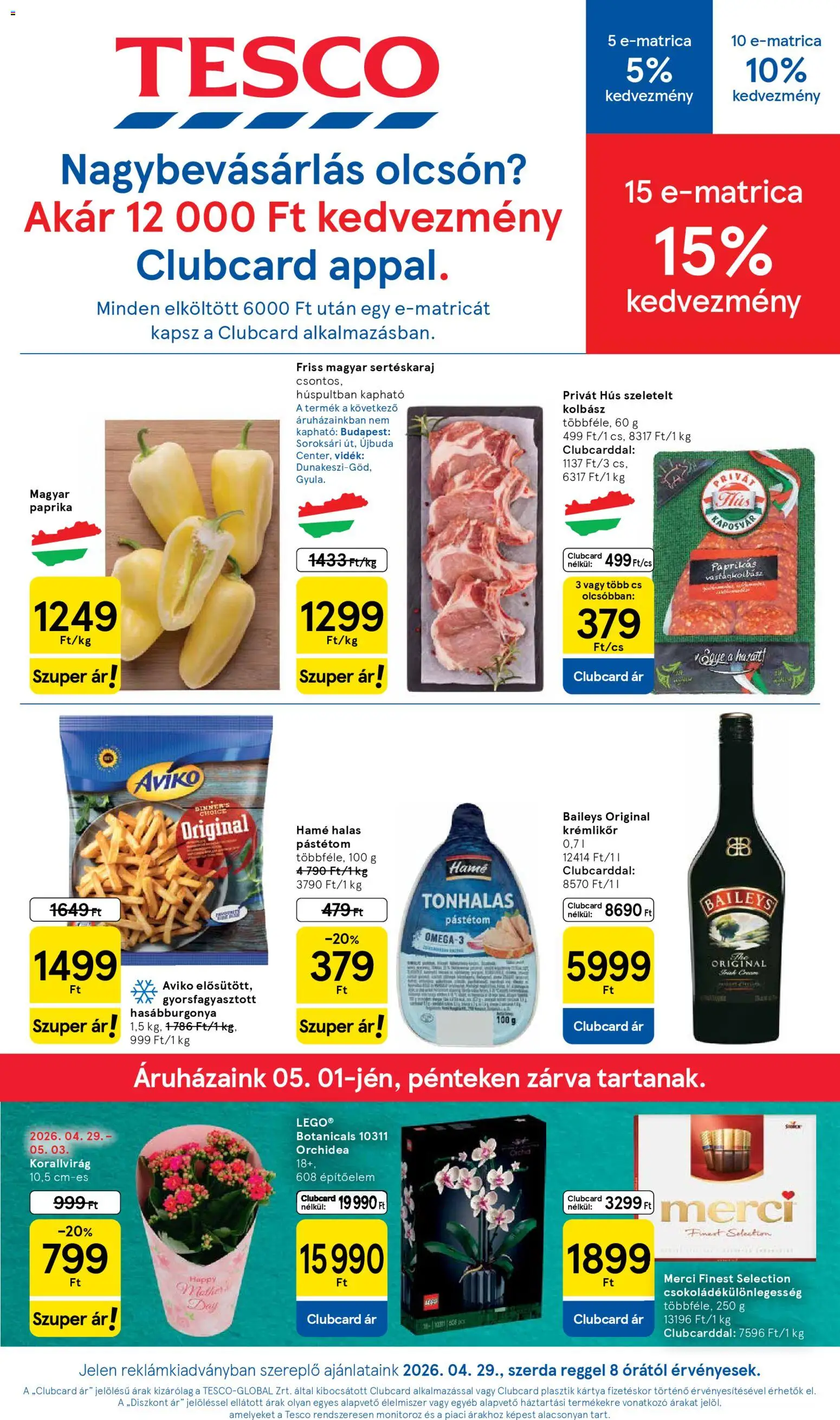 Tesco akciós ujság - amely érvényes a következő dátumtól: 29.04.2026 | Oldal: 1 | Termékek: Kolbász, Hús, Sertéskaraj, Krémlikőr