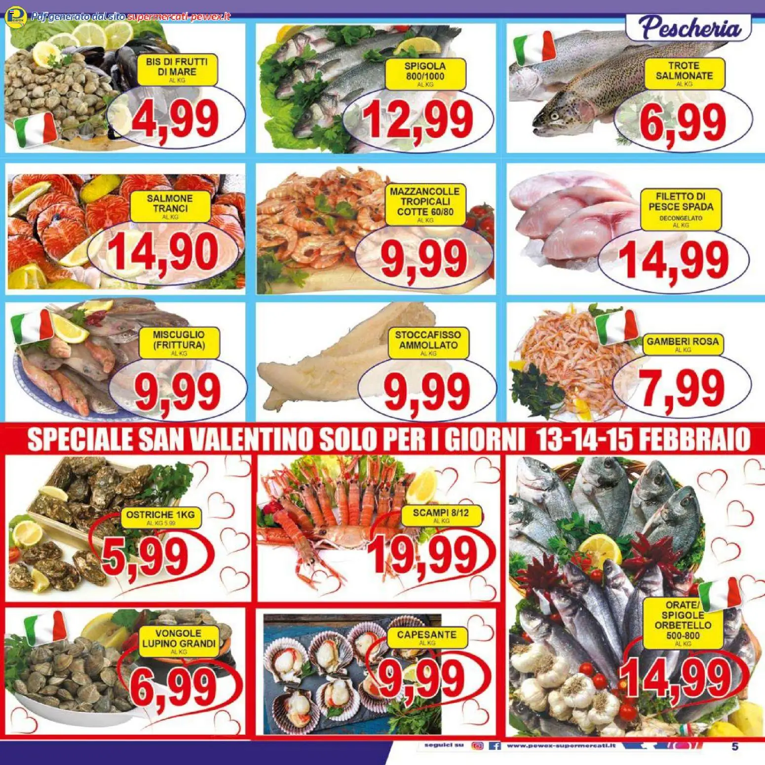 Volantino Pewex del 13.02.2026 | Pagina: 5 | Prodotti: Gamberi, Mazzancolle, Frutti di mare, Spigola