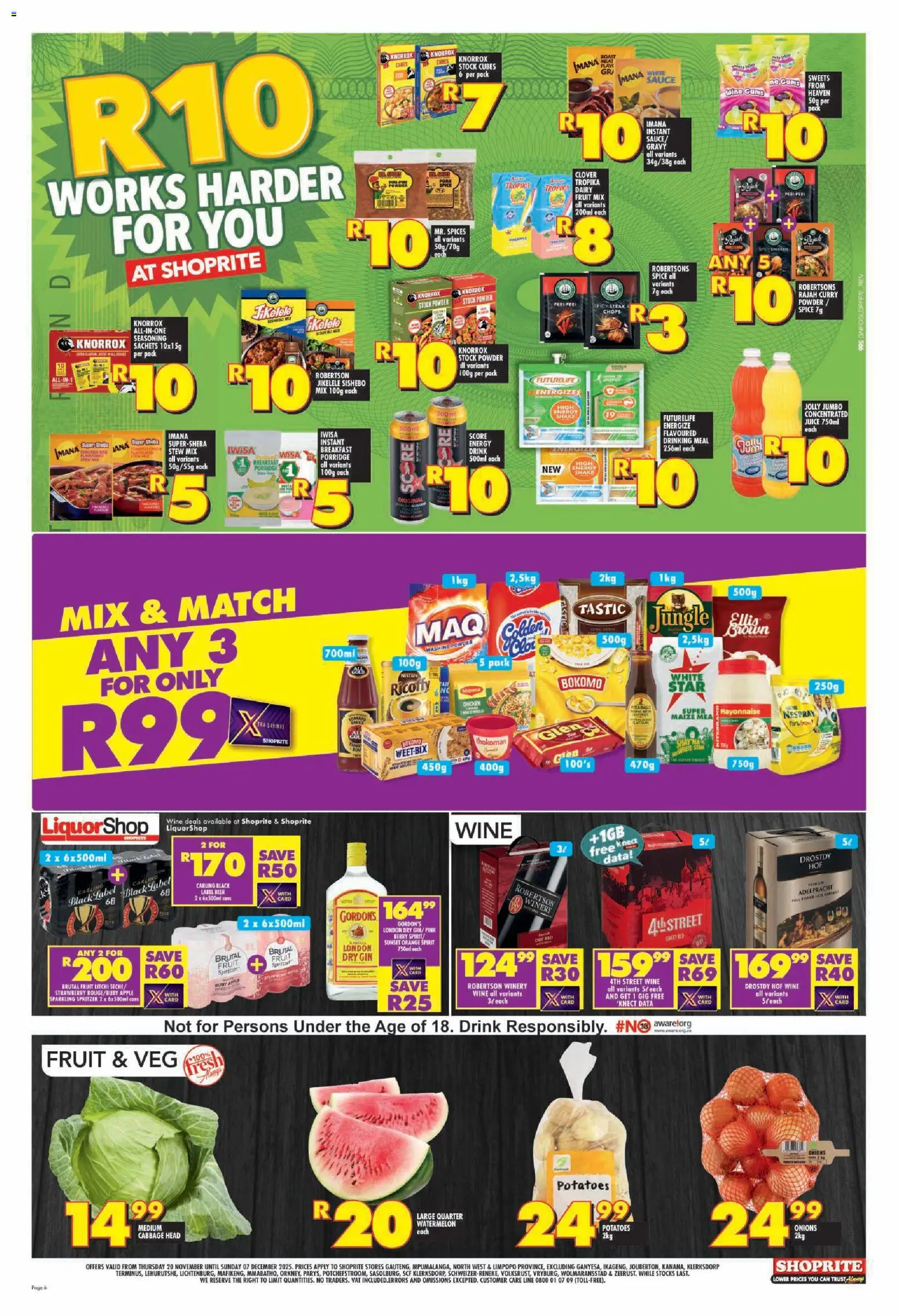 New Shoprite catalogue – valid from 20.11.2025 | Page: 6 | Products: Gin, Stock, Spices, Potatoes