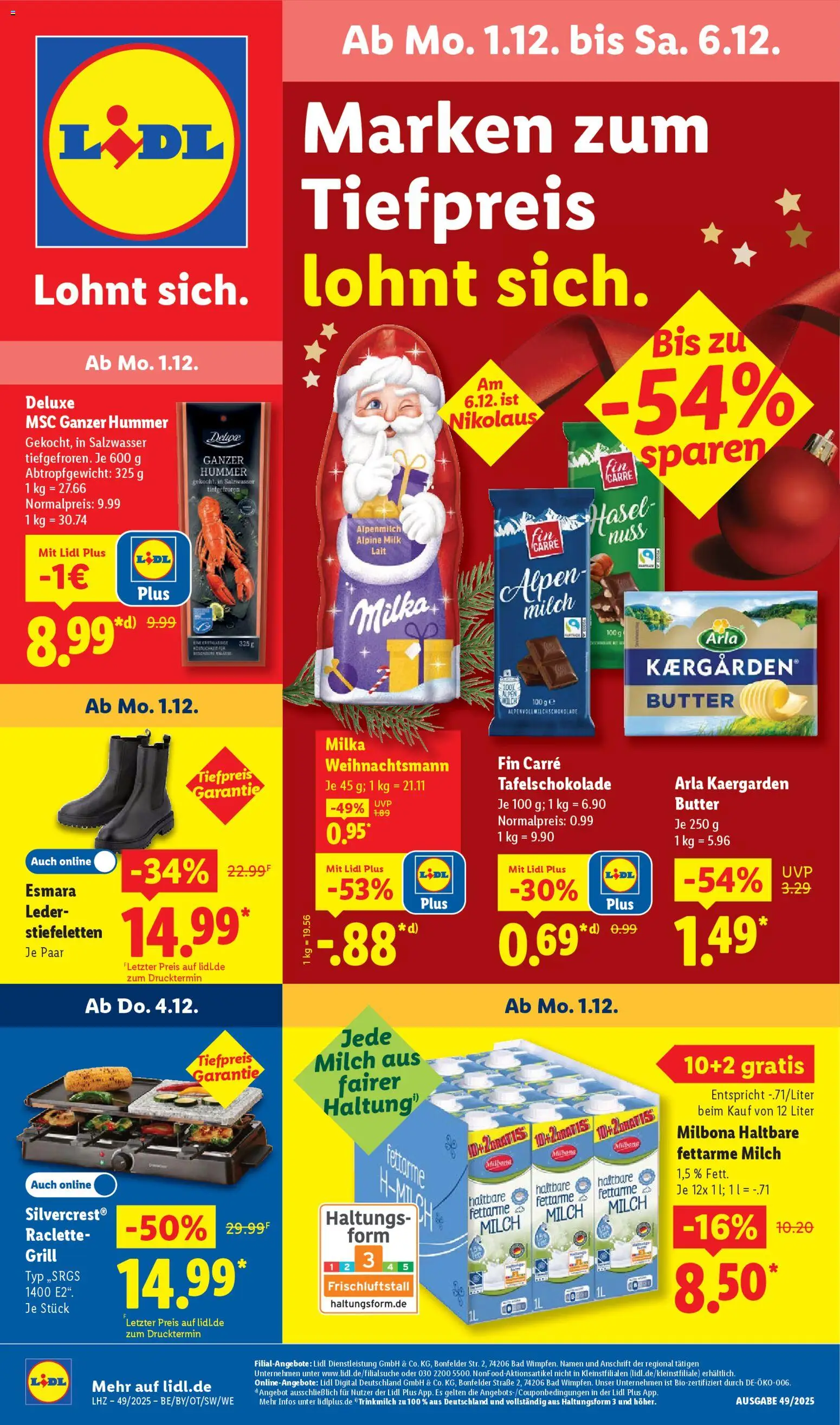 Lidl Prospekt Gladenbach – gültig ab 01.12.2025 | Seite: 1 | Produkte: Grill, Milch, Butter, Raclette