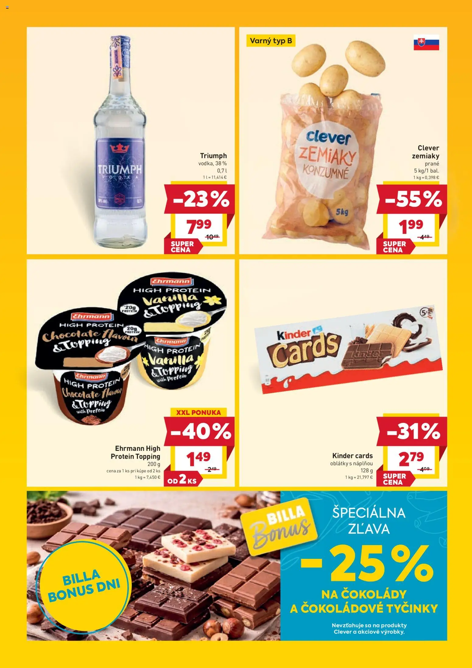 Nové Billa akcie – leták je platný od 18.03.2026 | Strana: 4 | Produkty: Protein, Kinder, Zemiaky