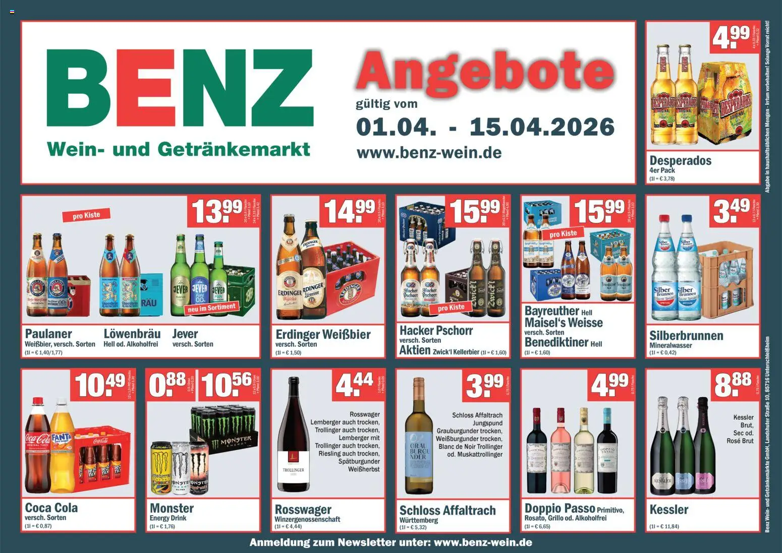 Benz Getränke Prospekt 	 – gültig ab 01.04.2026 | Seite: 1 | Produkte: Erdinger, Weißbier, Benediktiner hell, Wein