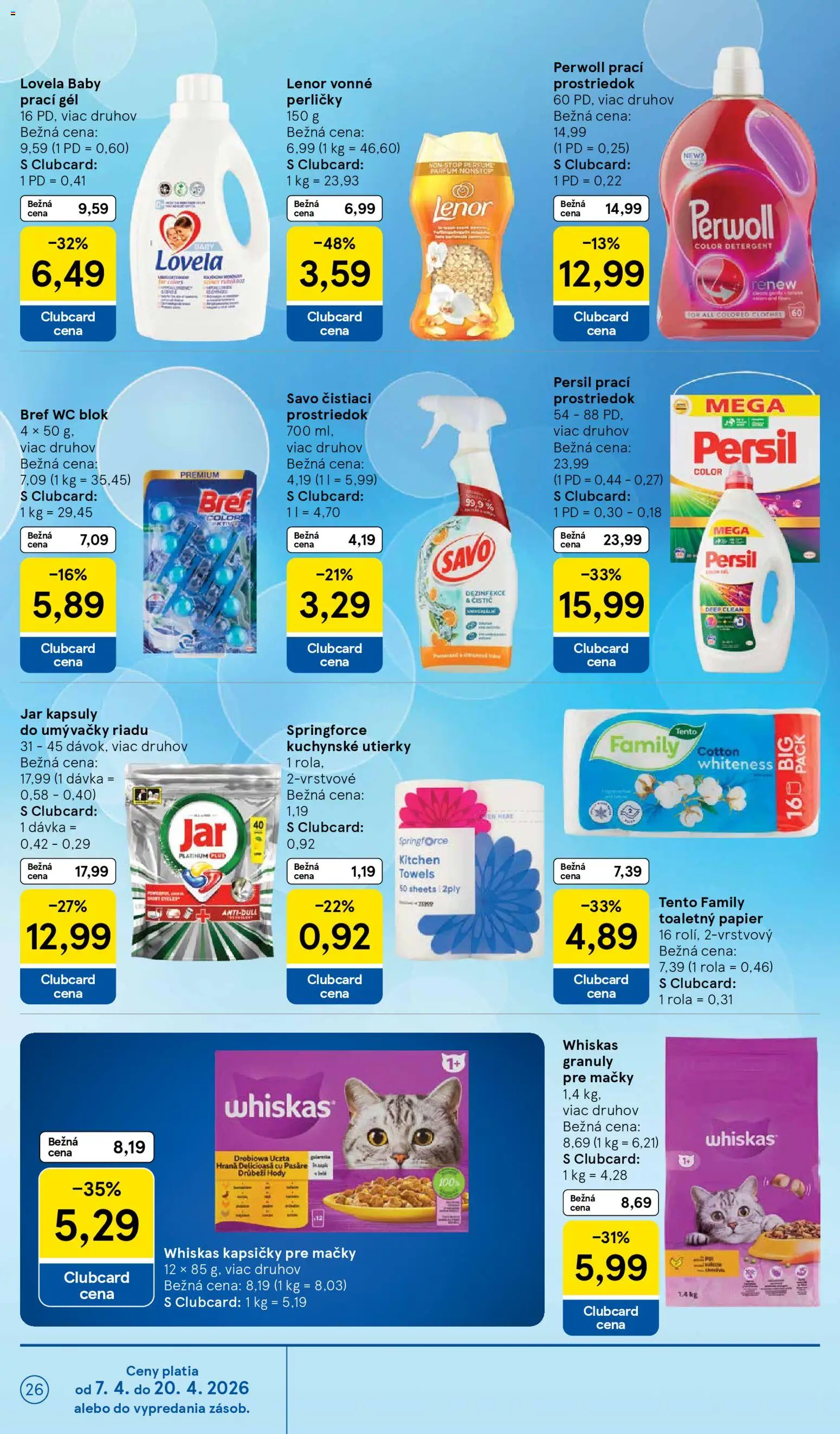 Nové Tesco akcie – leták je platný od 08.04.2026 | Strana: 26 | Produkty: Perwoll, Wc, Savo, Lenor