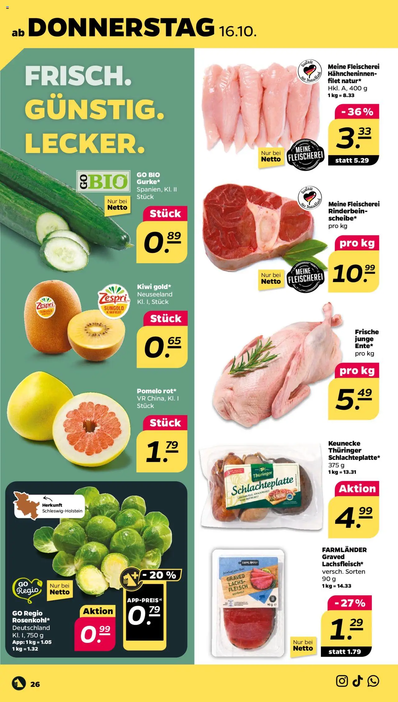 Netto Prospekt 	 – gültig ab 13.10.2025 | Seite: 26 | Produkte: Lachs, Kiwi, Fleisch
