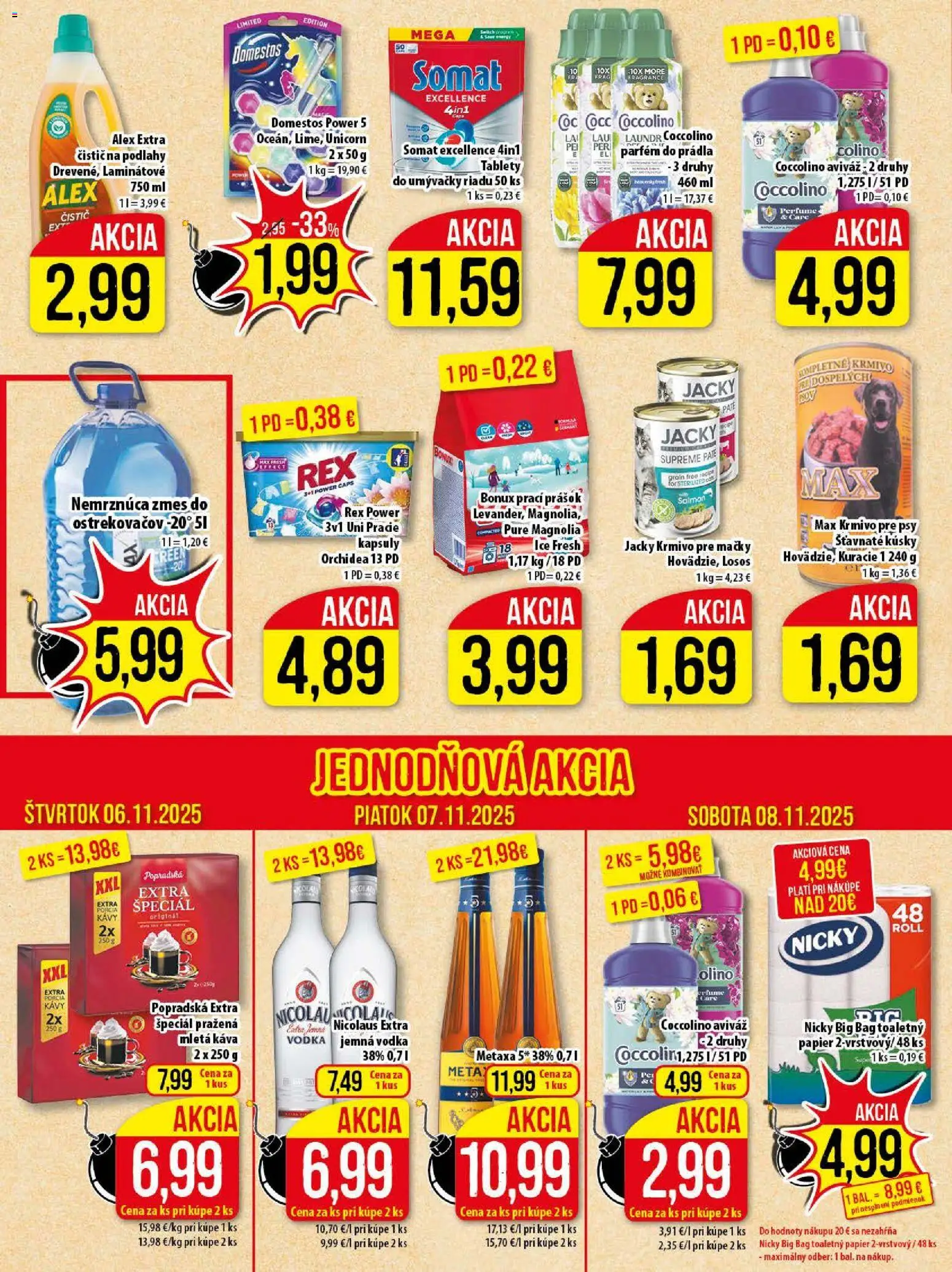 Nové Klas akcie – leták je platný od 03.11.2025 | Strana: 23 | Produkty: Prací prášok, Toaletný papier, Losos, Bonux