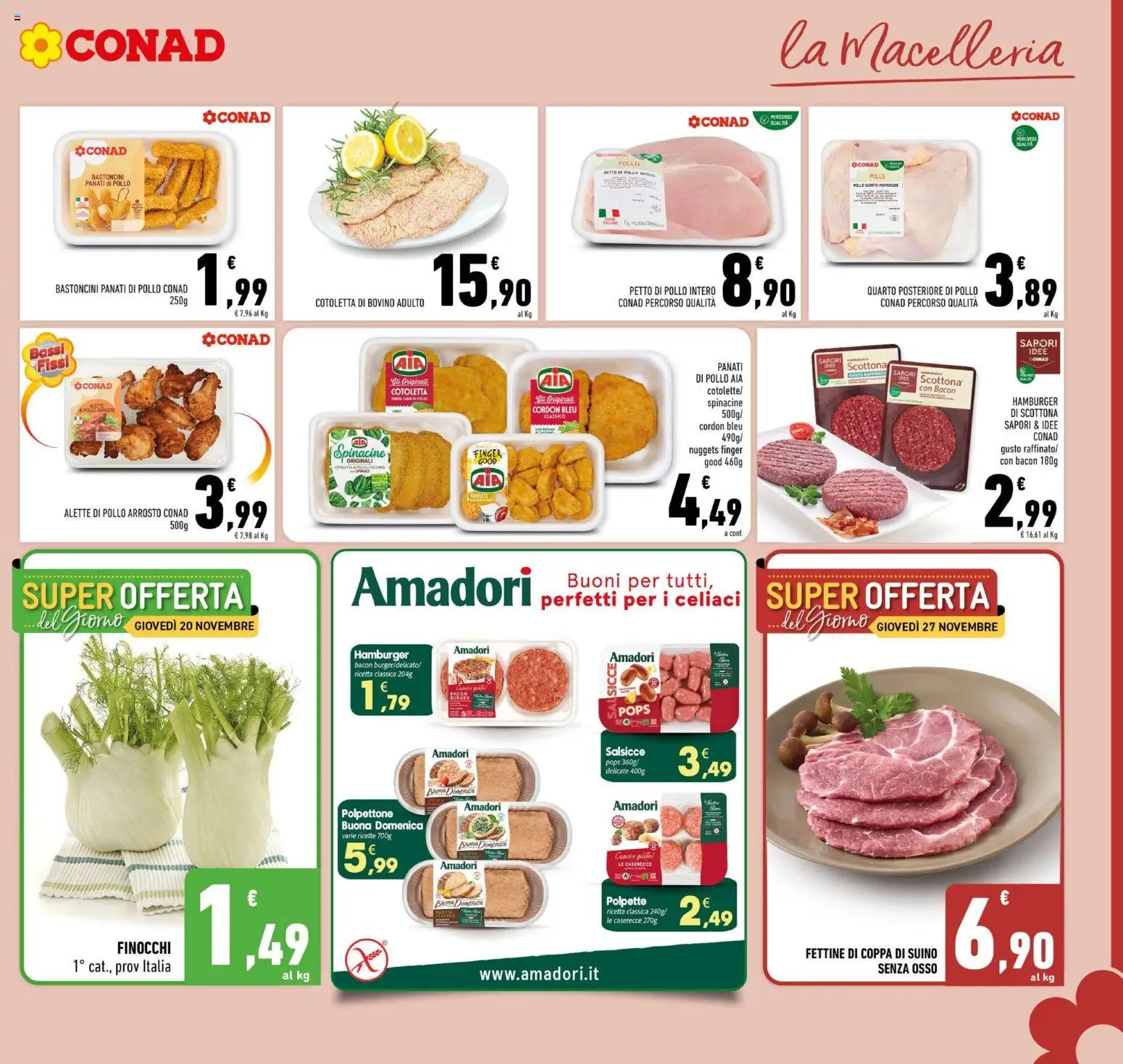 Volantino Conad del 19.11.2025 | Pagina: 3 | Prodotti: Petto di Pollo, Finocchi, Hamburger, Polpette