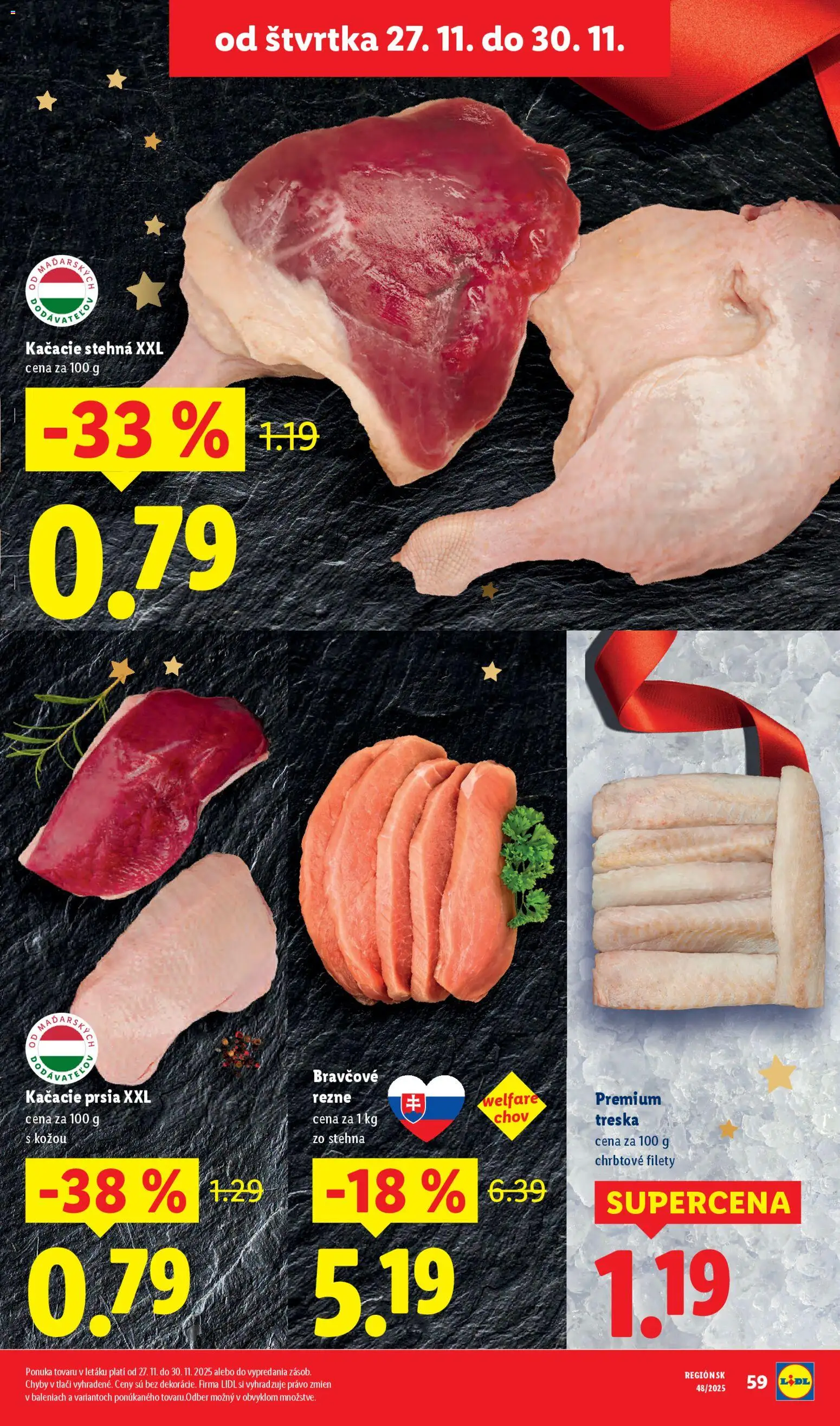 Nové Lidl akcie – leták je platný od 24.11.2025 | Strana: 59 | Produkty: Kačacie prsia, Kačacie stehná, Treska
