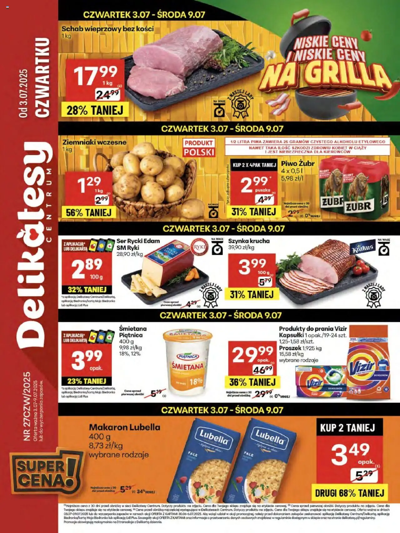 Delikatesy Centrum Gazetka od 03.07.2025 | Strona: 1 | Produkty: Piwo żubr, Piwo, Makaron, Ziemniaki