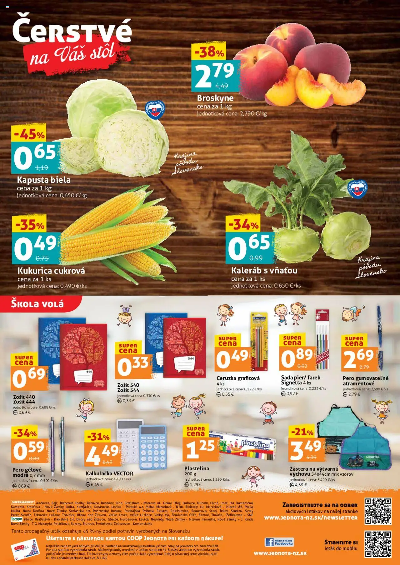 COOP Jednota víkendová ponuka │ platný od 28.08.2025 | Strana: 4 | Produkty: Stôl, Zošit, Kalkulačka, Broskyne