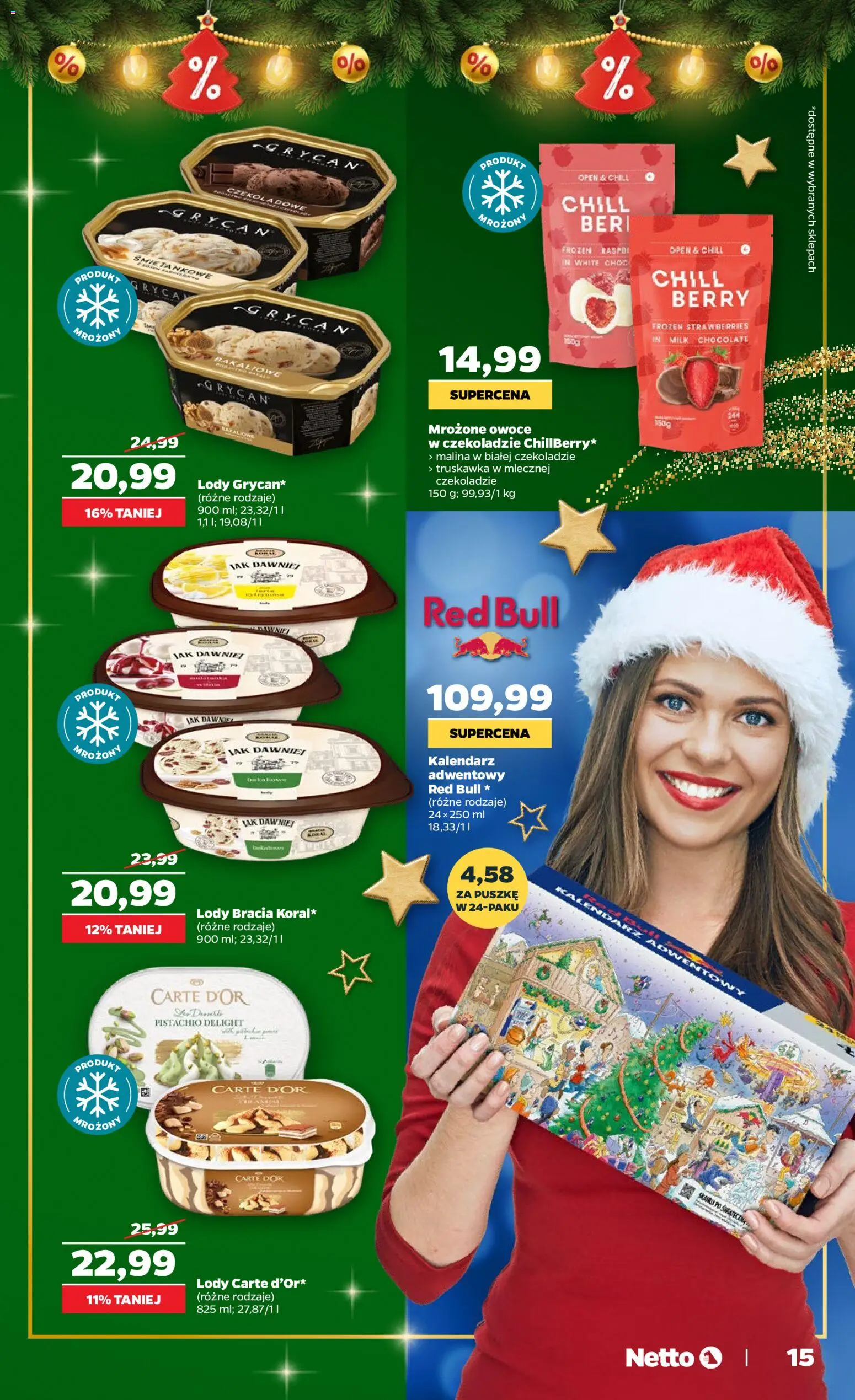 Netto gazetka - Świąteczne jedzenie od 04.12.2025 | Strona: 15 | Produkty: Red bull, Mrożone owoce, Lody, Owoce