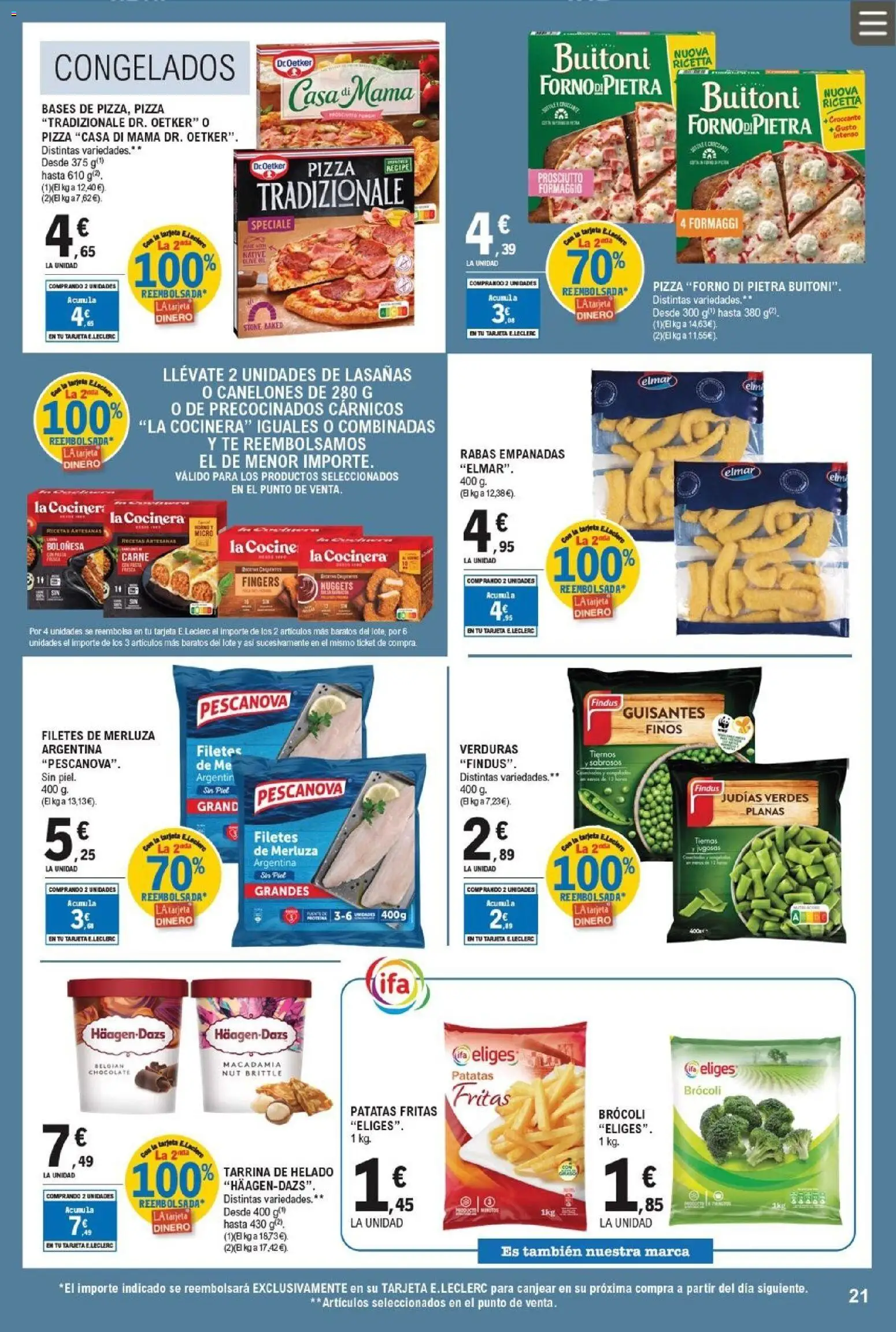 E.Leclerc folleto │ válido desde el 08.04.2026 | Página: 21 | Productos: Filetes de merluza, Té, Helado, Nuggets