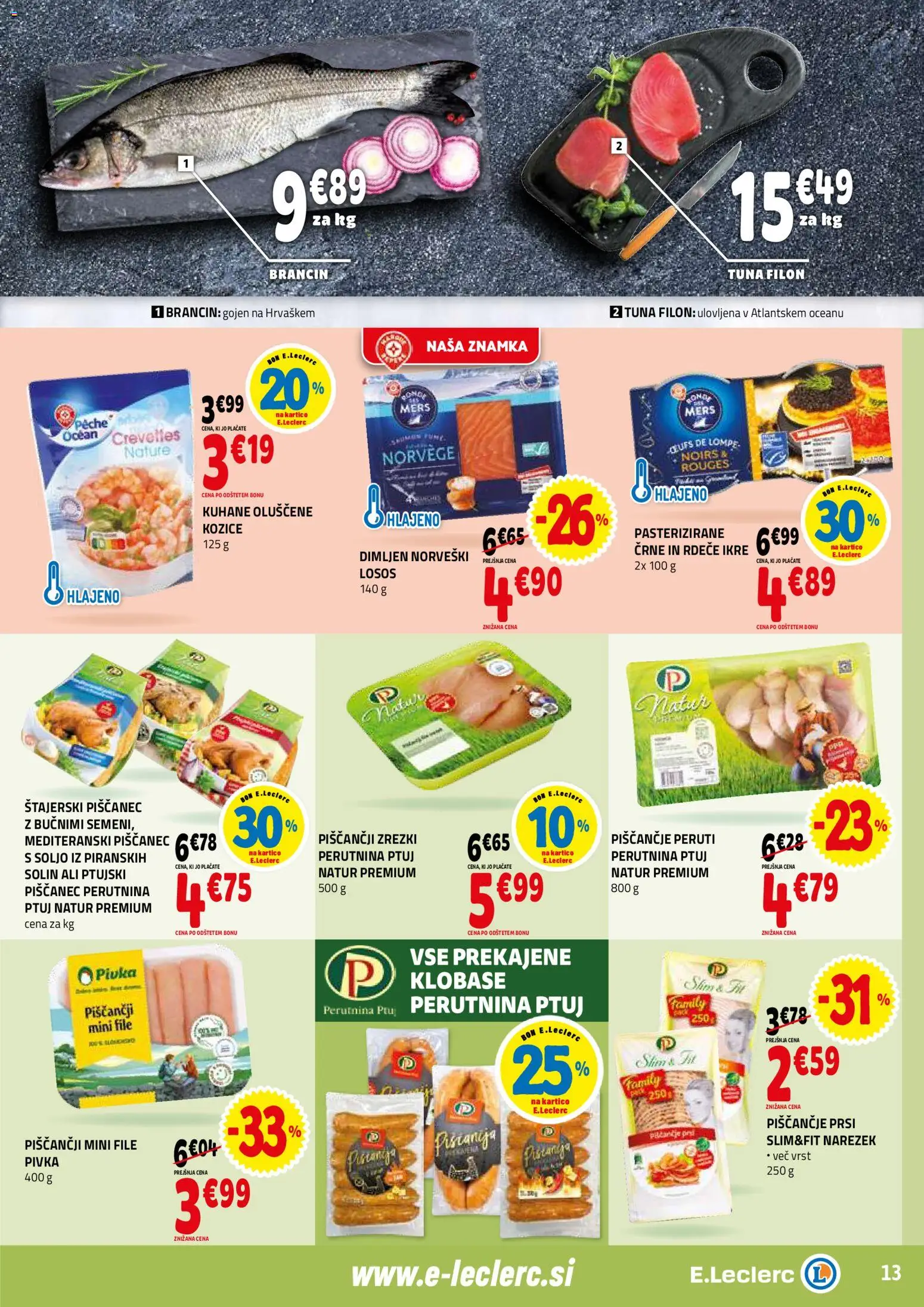 Novi E.leclerc katalog ponudbe – veljaven od 04.02.2026 | Stran: 13 | Izdelki: Kozice, Tuna, Narezek, Losos