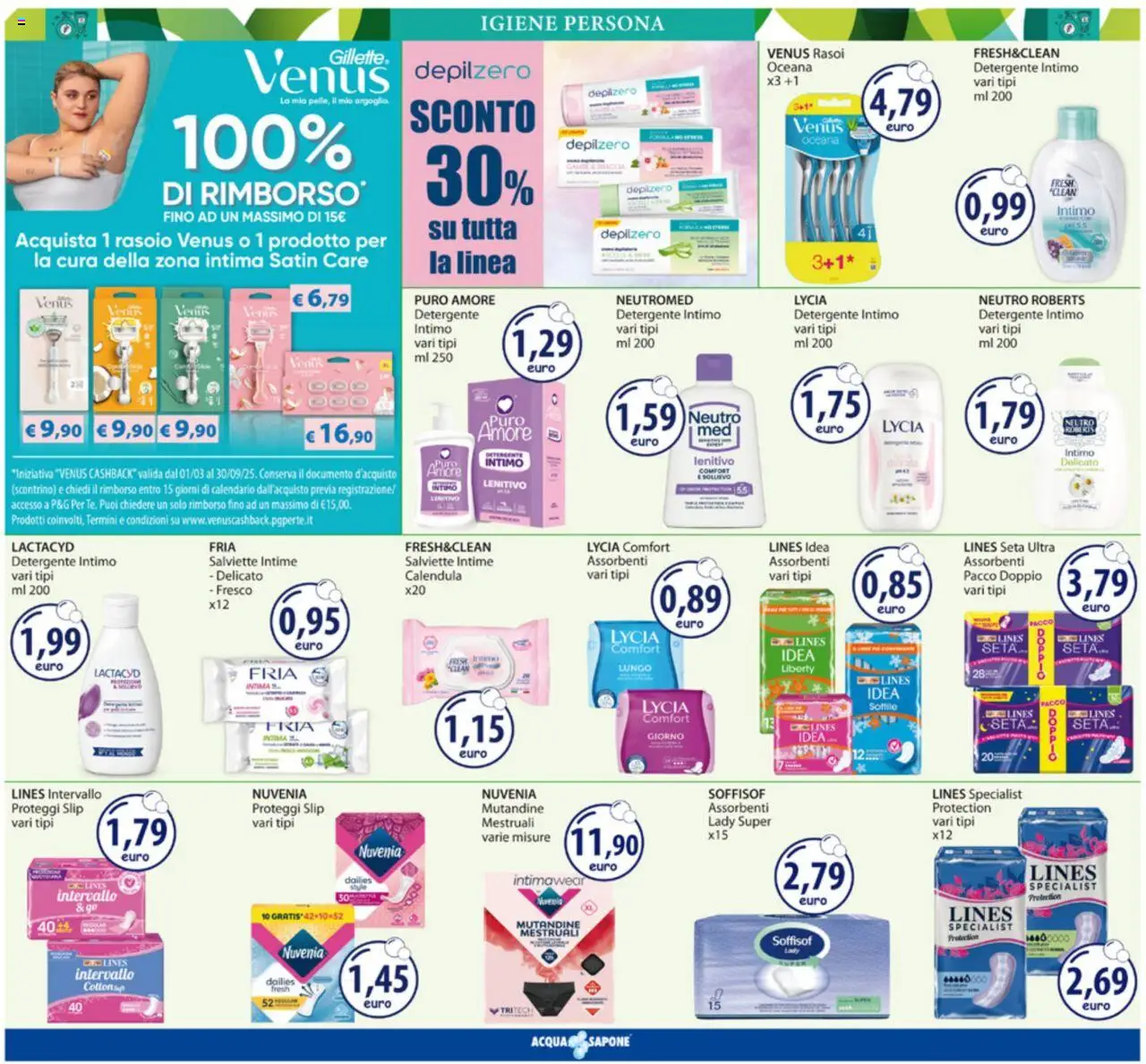 Volantino Acqua e Sapone del 25.08.2025 | Pagina: 12 | Prodotti: Proteggi slip, Detergente intimo, Detergente, Slip