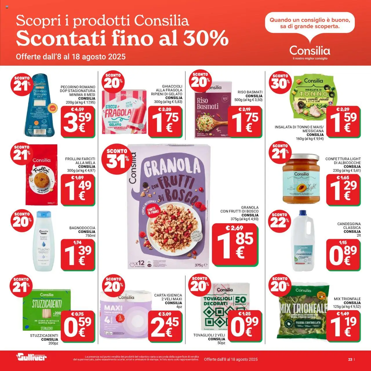 Volantino Gulliver del 08.08.2025 | Pagina: 23 | Prodotti: Riso, Ghiaccioli, Tonno, Frollini