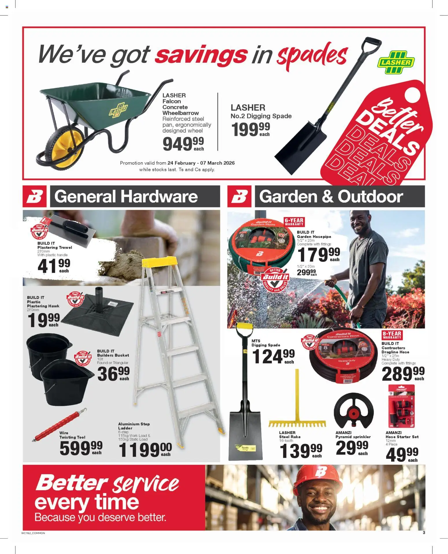 New Build It catalogue – valid from 24.02.2026 | Page: 3 | Products: Wheelbarrow, Spade, Garden hose
