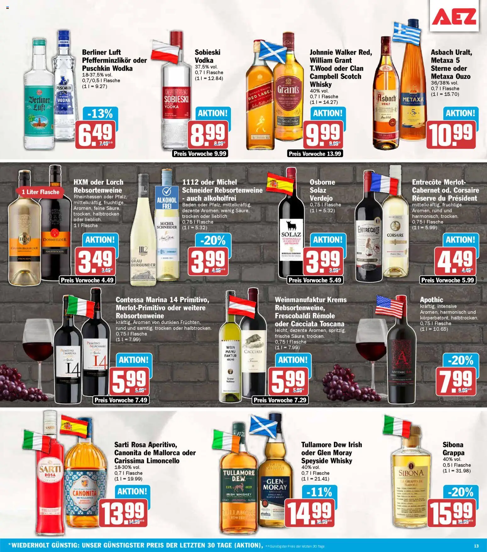 AEZ Prospekt 	 – gültig ab 27.04.2026 | Seite: 13 | Produkte: Ouzo, Merlot, Metaxa, Vodka