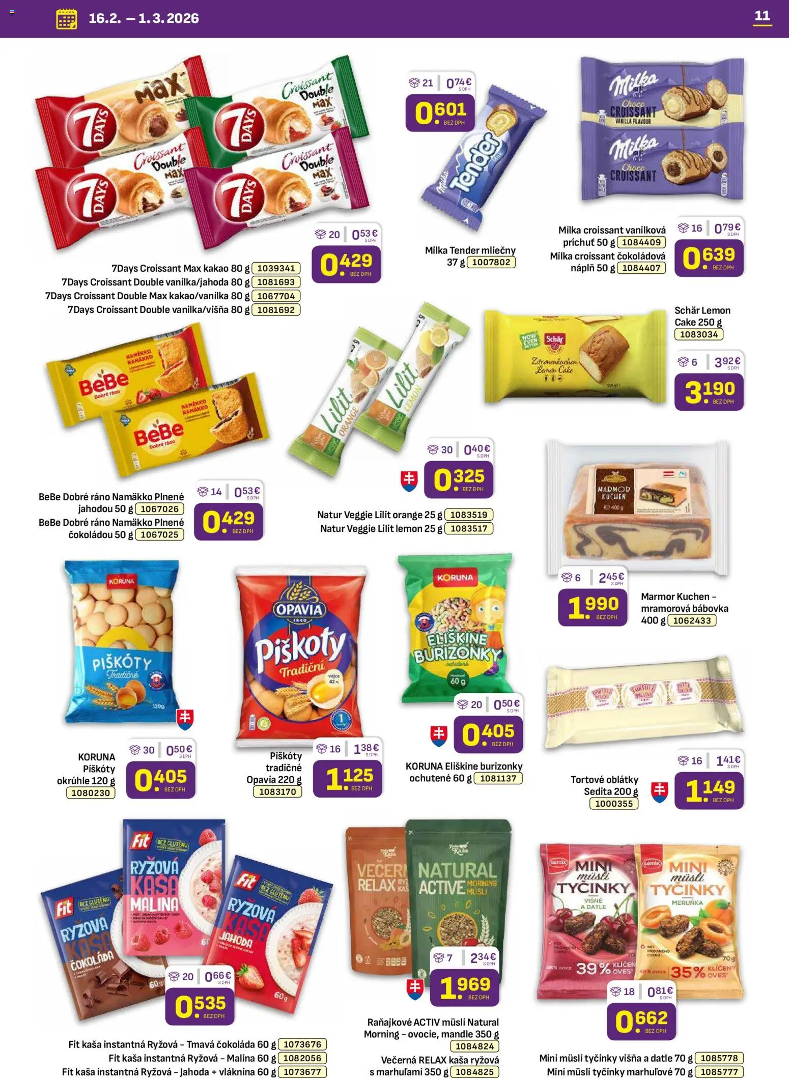 Nové Libex akcie – leták je platný od 16.02.2026 | Strana: 11 | Produkty: BeBe Dobré ráno, Croissant, Čokoláda, Kakao