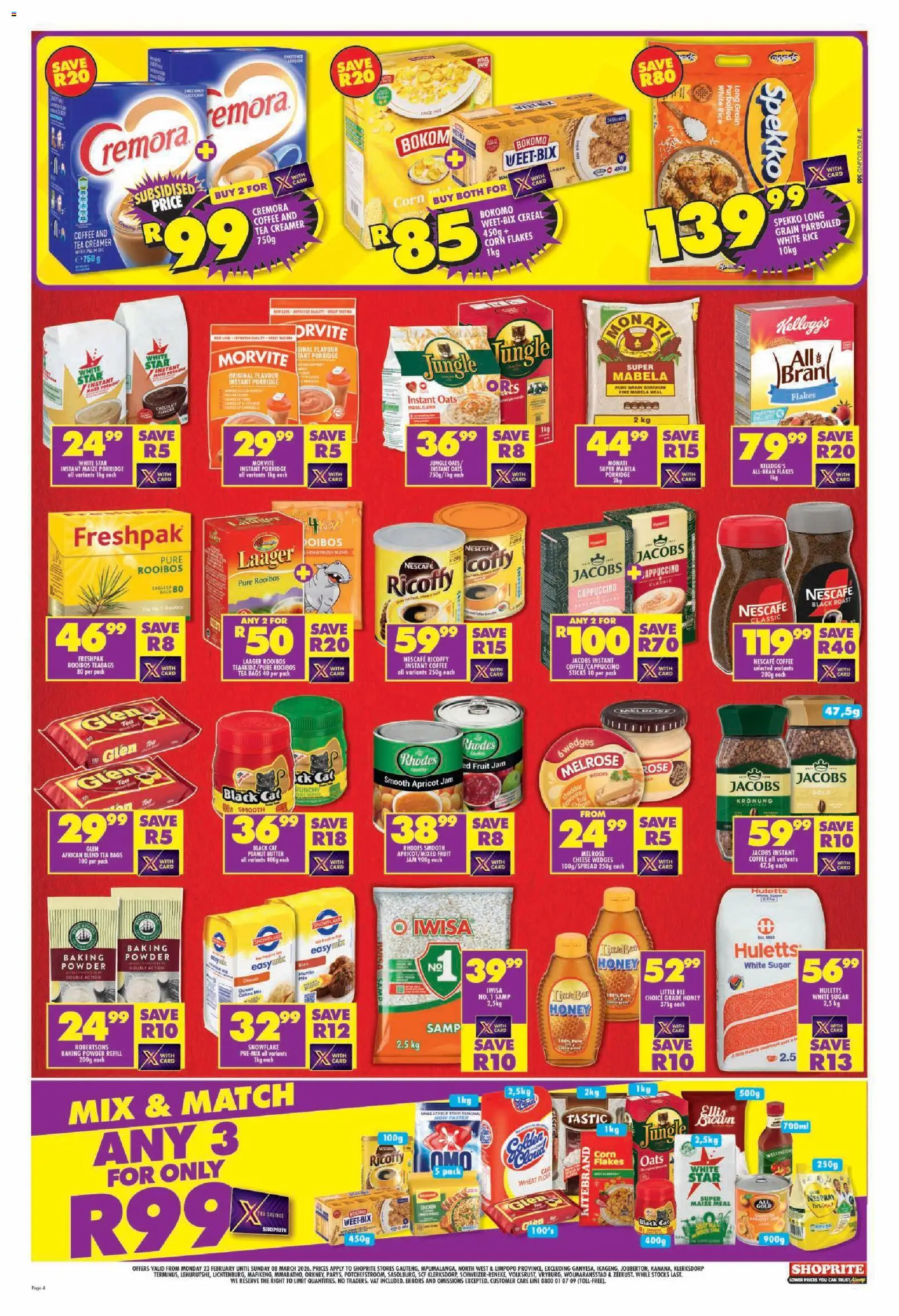 New Shoprite catalogue – valid from 23.02.2026 | Page: 4 | Products: Maize meal, Cheese, Powder, Baking powder