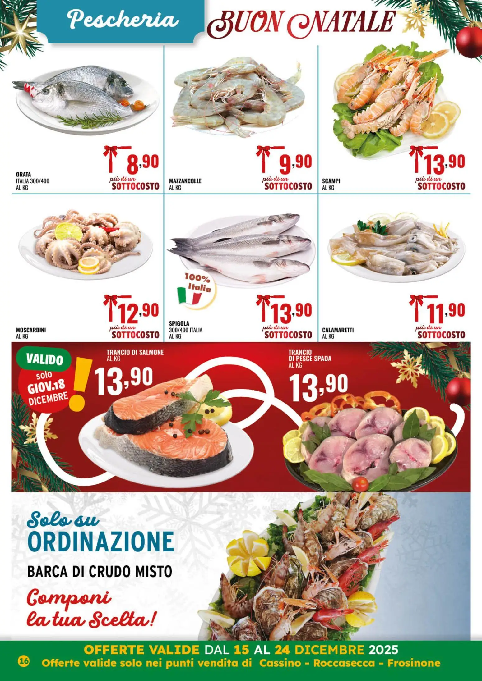 Volantino GECOP del 15.12.2025 | Pagina: 16 | Prodotti: Salmone, Mazzancolle, Spigola, Pesce spada