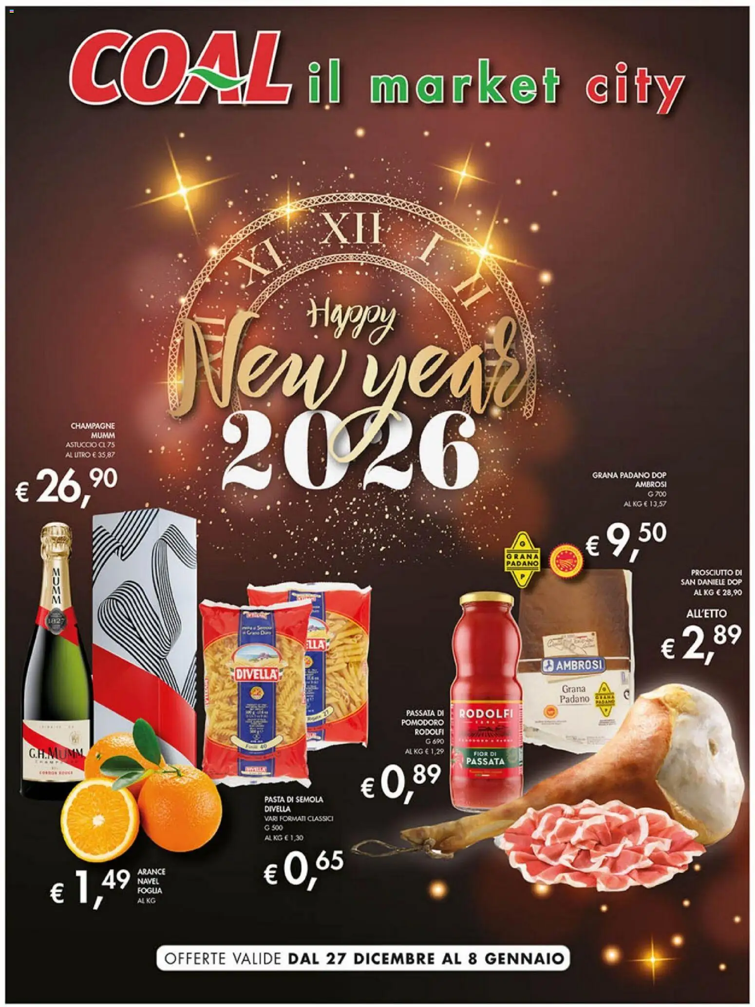Volantino Coal del 27.12.2025 | Pagina: 1 | Prodotti: Arance, Prosciutto, Champagne, Astuccio