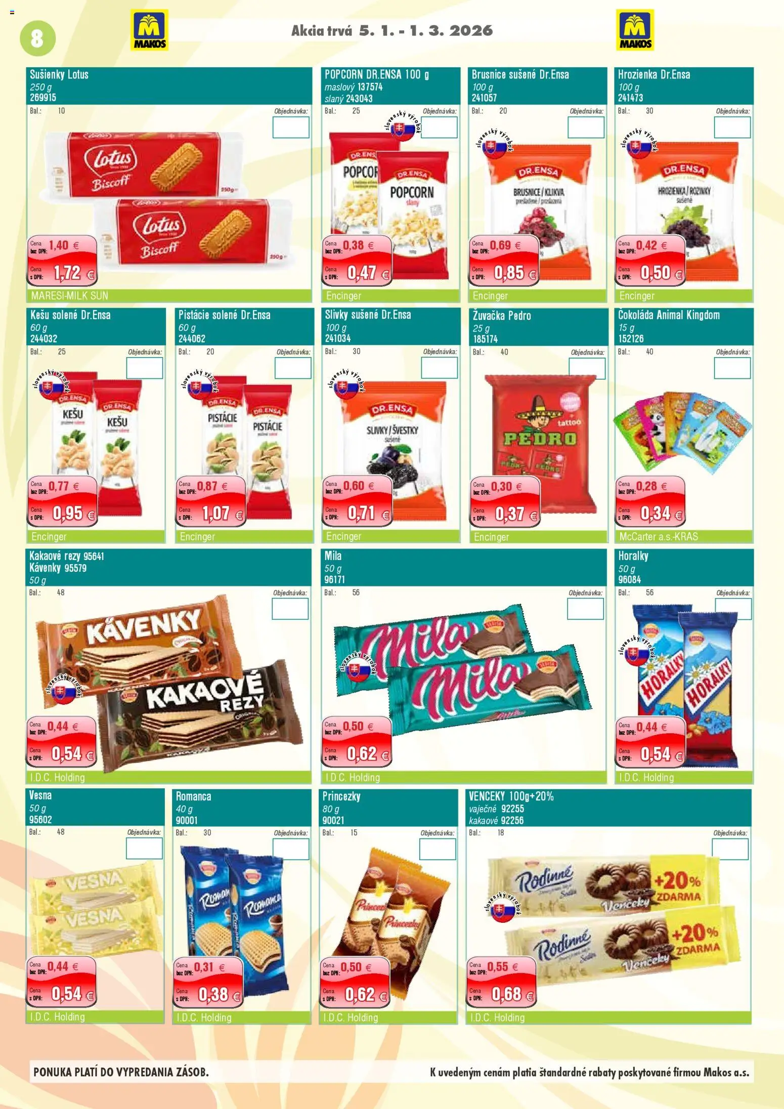 Nové Makos akcie – leták je platný od 05.01.2026 | Strana: 8 | Produkty: Mila, Hrozienka, Slivky, Horálky
