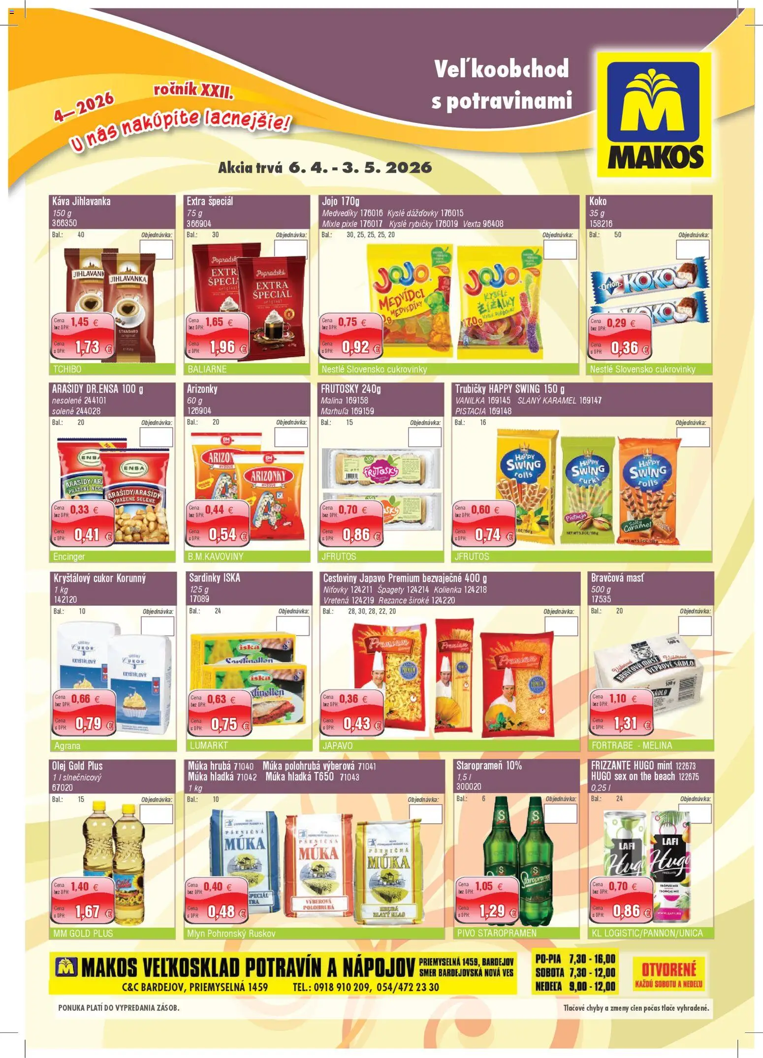 Nové Makos akcie – leták je platný od 06.04.2026 | Strana: 1 | Produkty: Cestoviny, Cukor, Rezance, Arašidy