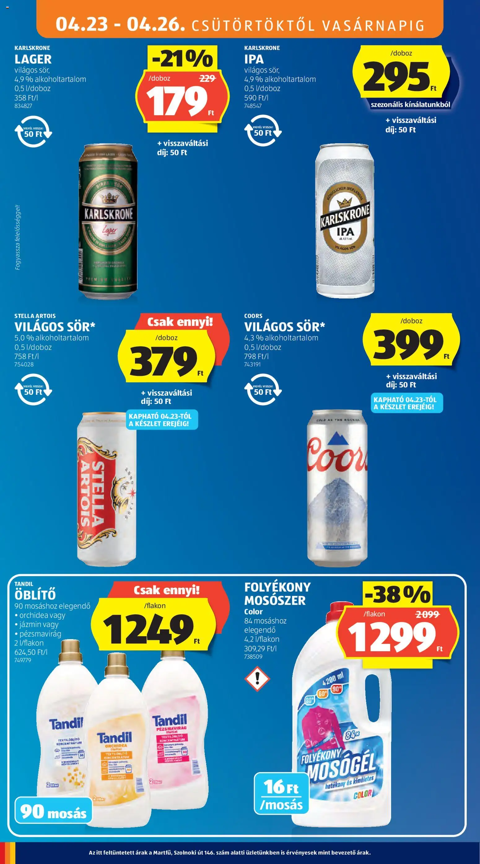 Aldi akciós ujság - amely érvényes a következő dátumtól: 23.04.2026 | Oldal: 14 | Termékek: Öblítő, Folyékony mosószer, Stella artois, Mosószer