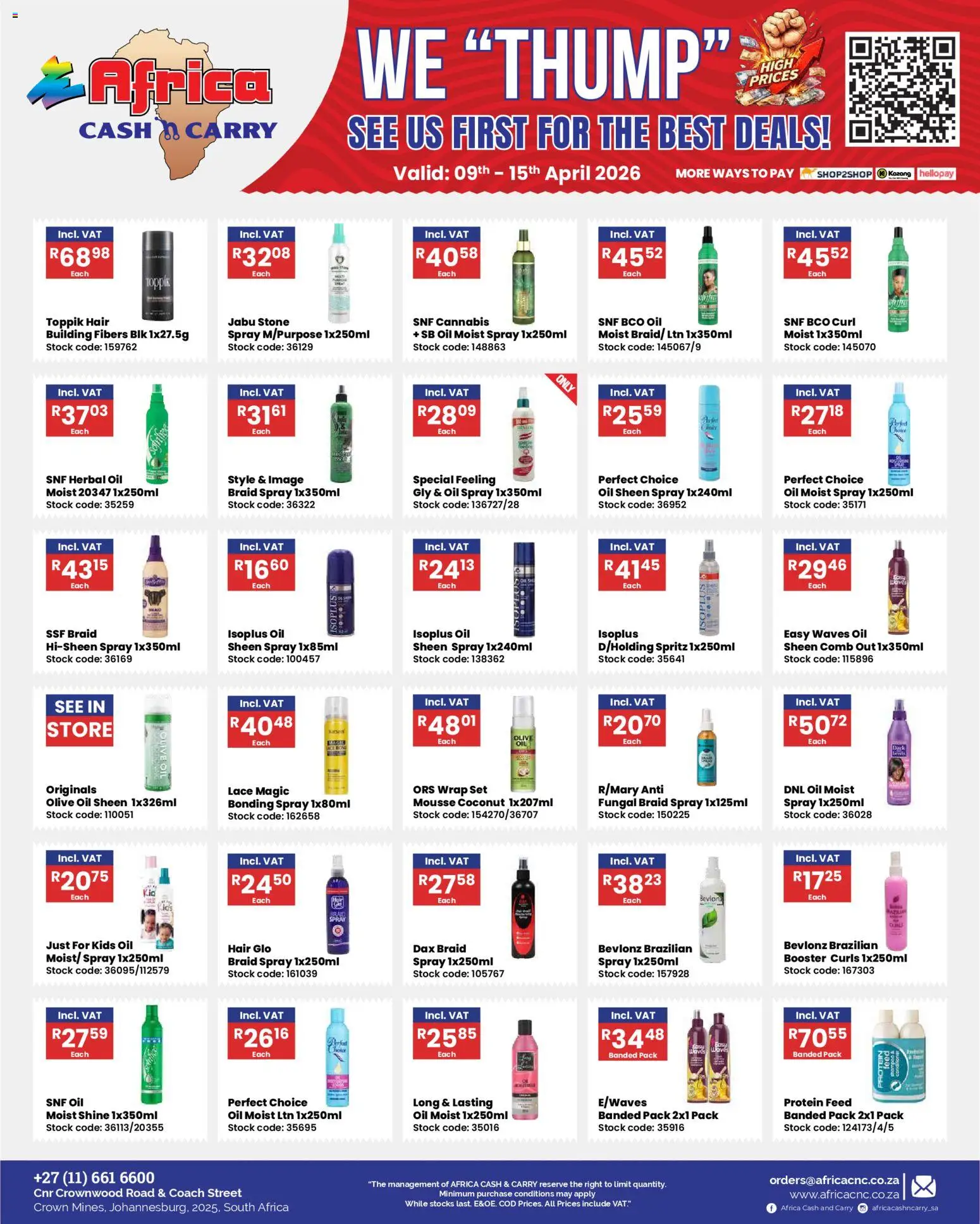 New Africa Cash & Carry catalogue – valid from 09.04.2026 | Page: 1 | Products: Detergente líquido, Oil, Shampoo, Stock