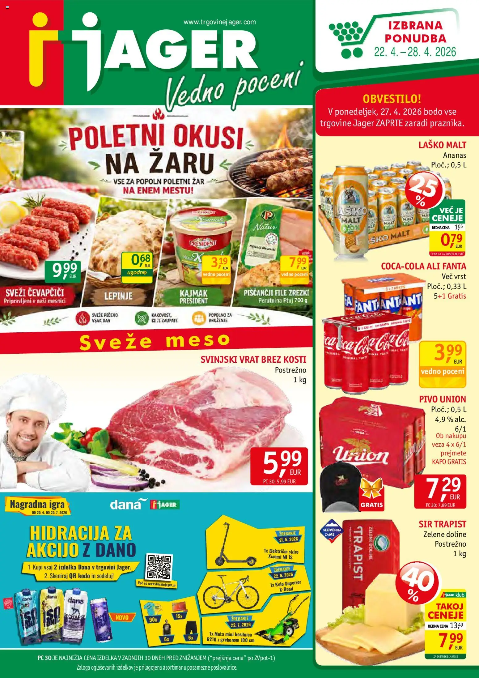 Novi Jager katalog ponudbe – veljaven od 22.04.2026 | Stran: 1 | Izdelki: Igra, Čevapčiči, Kosilnica, Zrezki