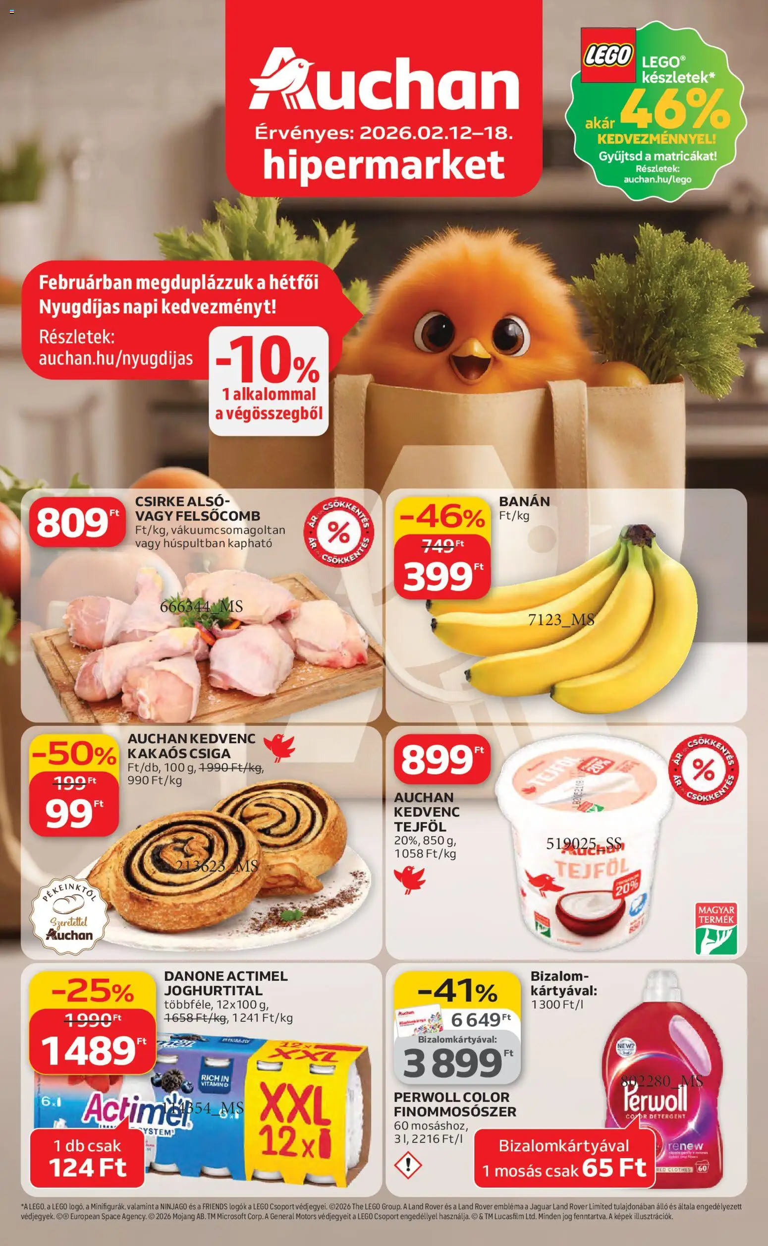 Auchan akciós ujság - amely érvényes a következő dátumtól: 12.02.2026 | Oldal: 1 | Termékek: Perwoll, Actimel, Banán, Kakaós csiga