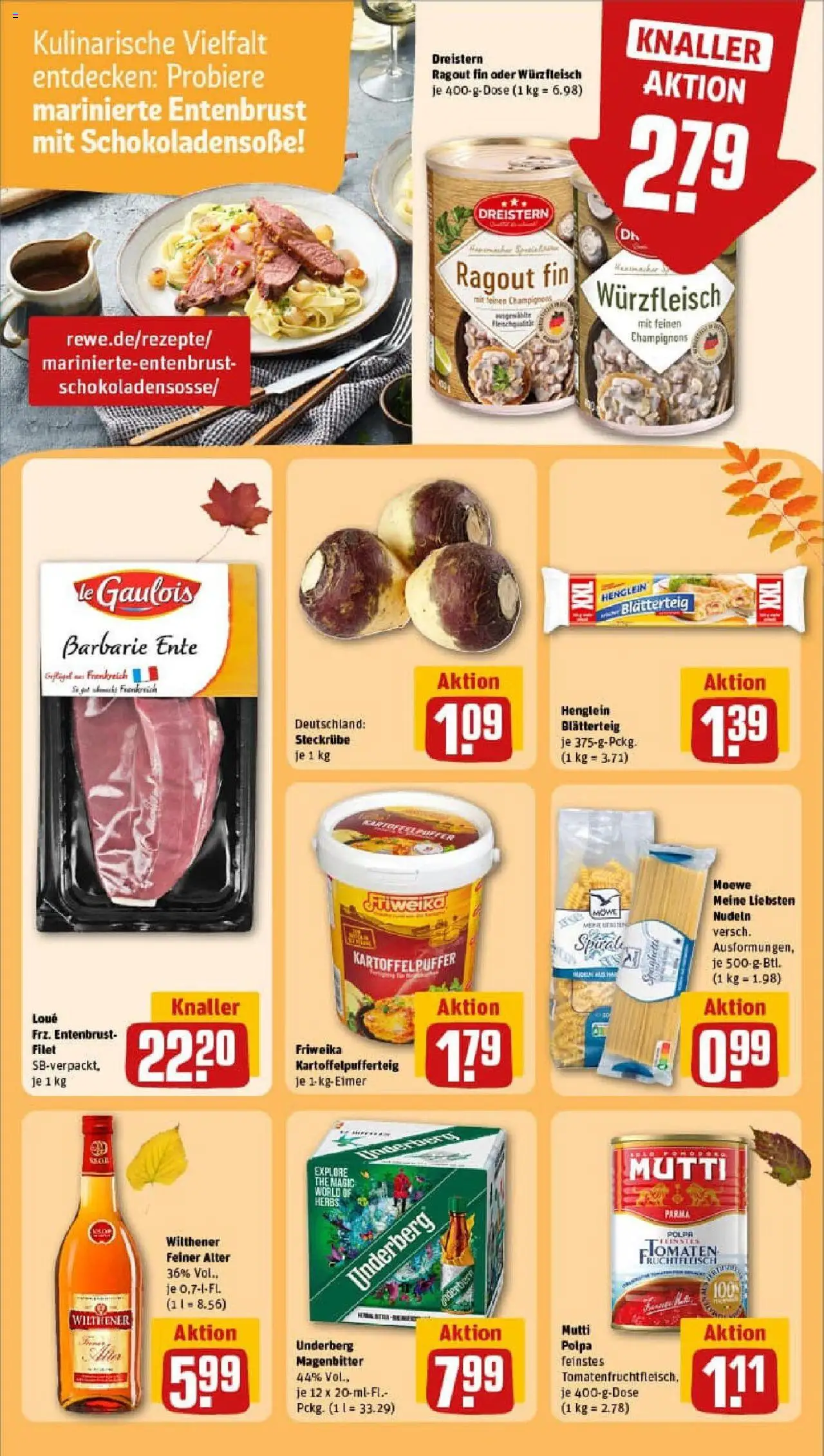 Rewe prospekt Rostock / Südstadt	 – gültig ab 13.10.2025 | Seite: 19 | Produkte: Champignons, Pasta, Ente, Underberg