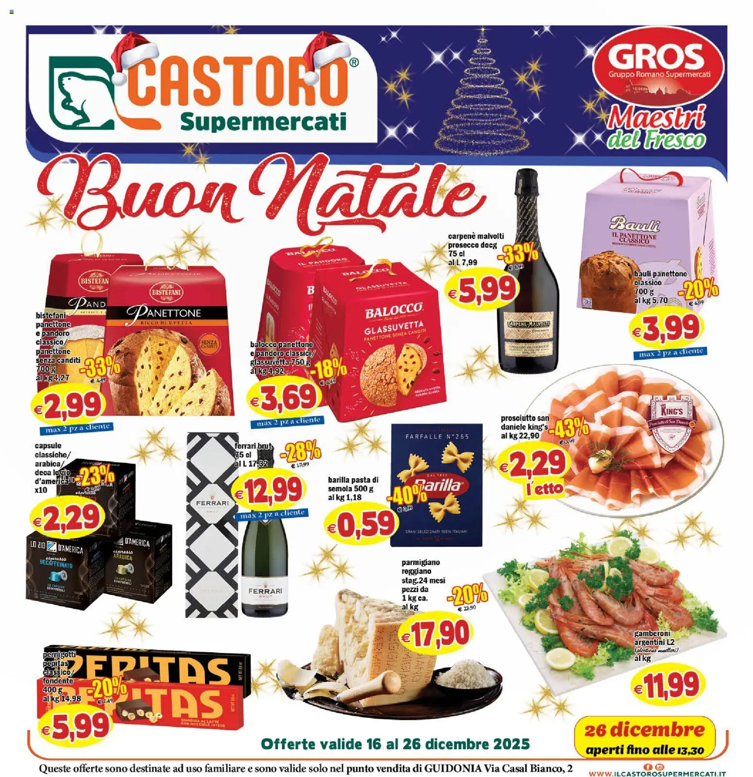 Volantino Il Castoro del 16.12.2025 | Pagina: 1 | Prodotti: Prosecco, Pasta, Gamberoni, Parmigiano