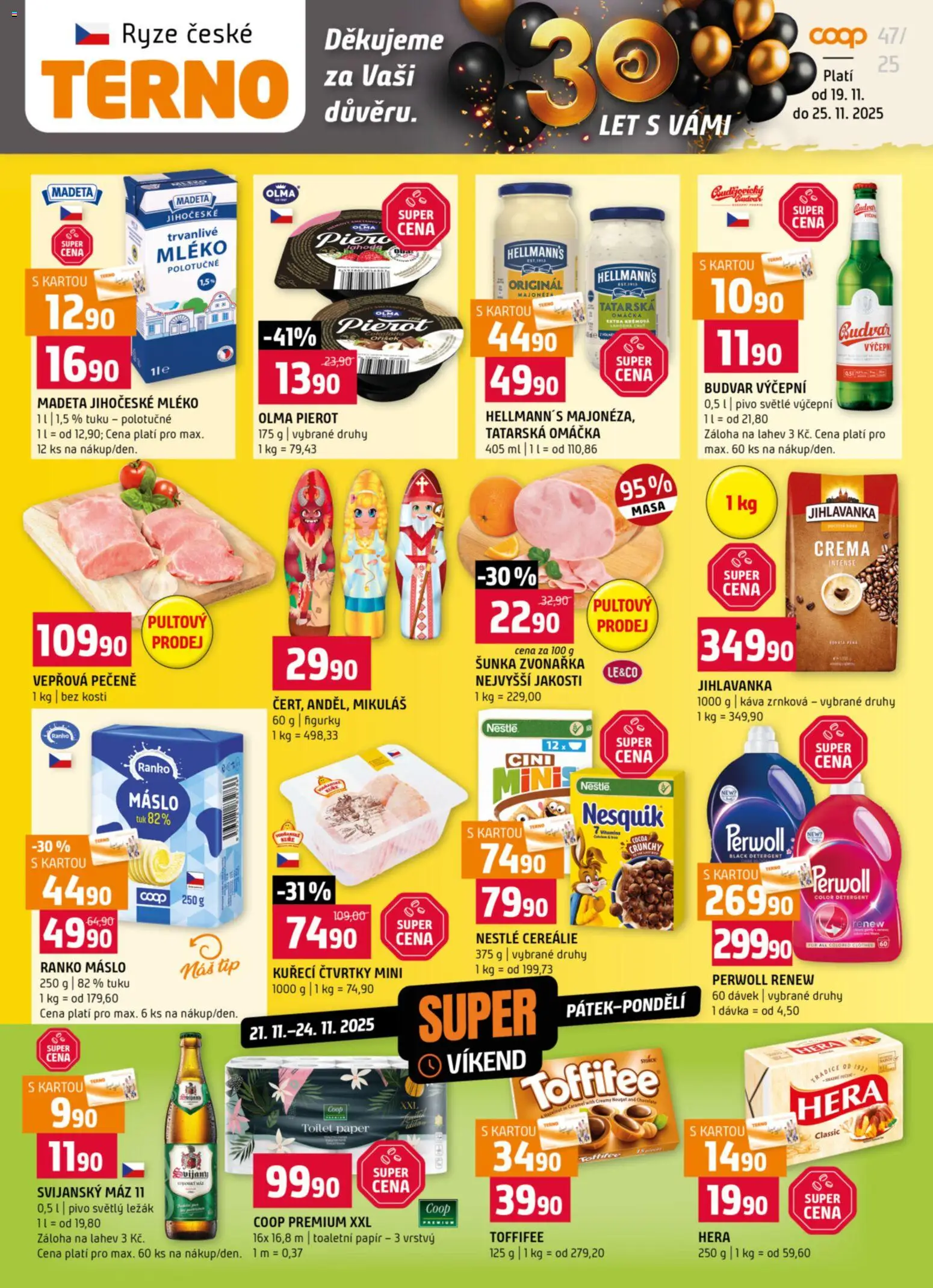 Terno leták od 19.11.2025 | Strana: 1 | Produkty: Pivo, Rýže, Toffifee, Jihlavanka