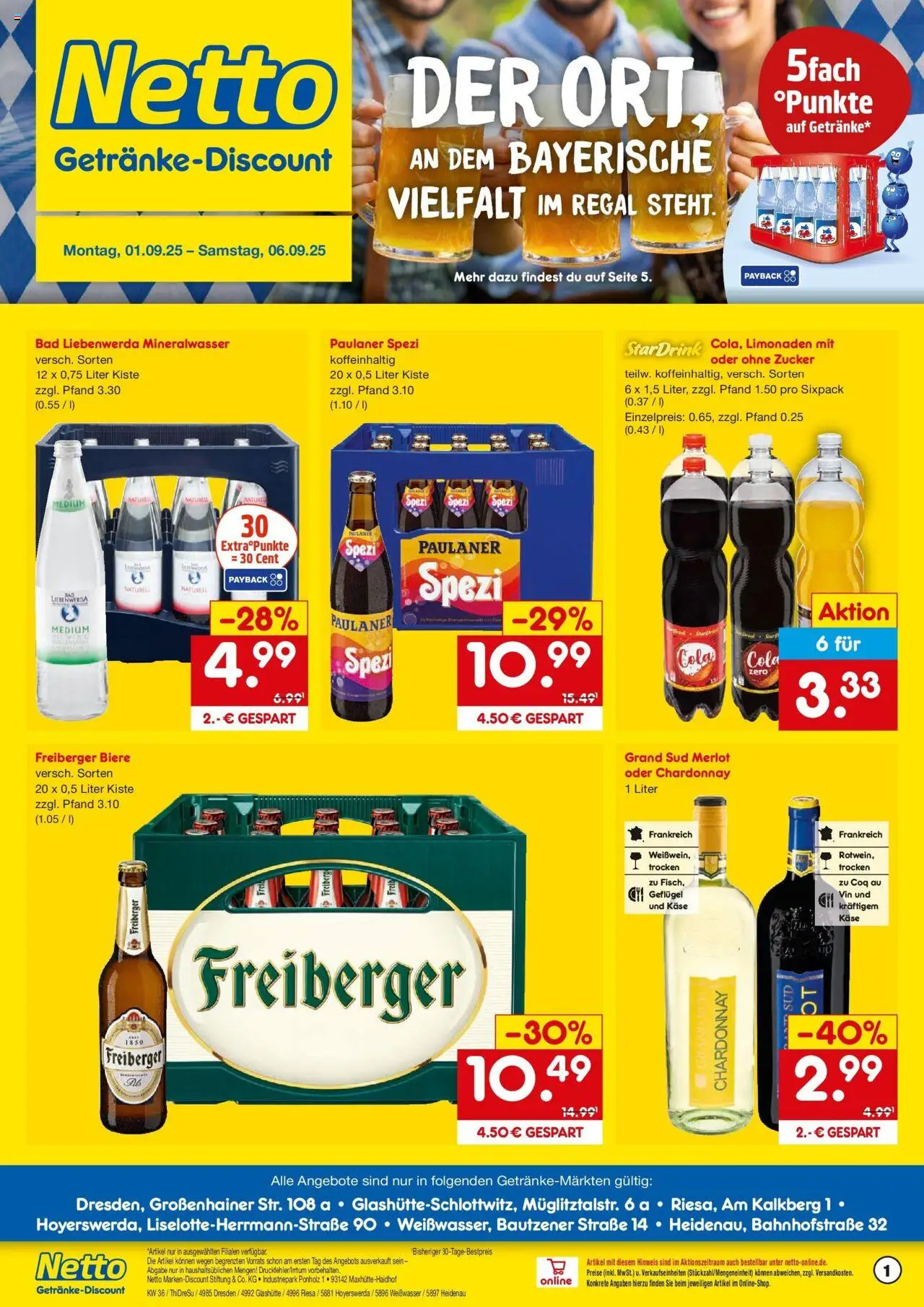 Netto Marken-Discount prospekt Riesa	 – gültig ab 01.09.2025 | Seite: 1 | Produkte: Paulaner spezi, Merlot, Bad, Zucker