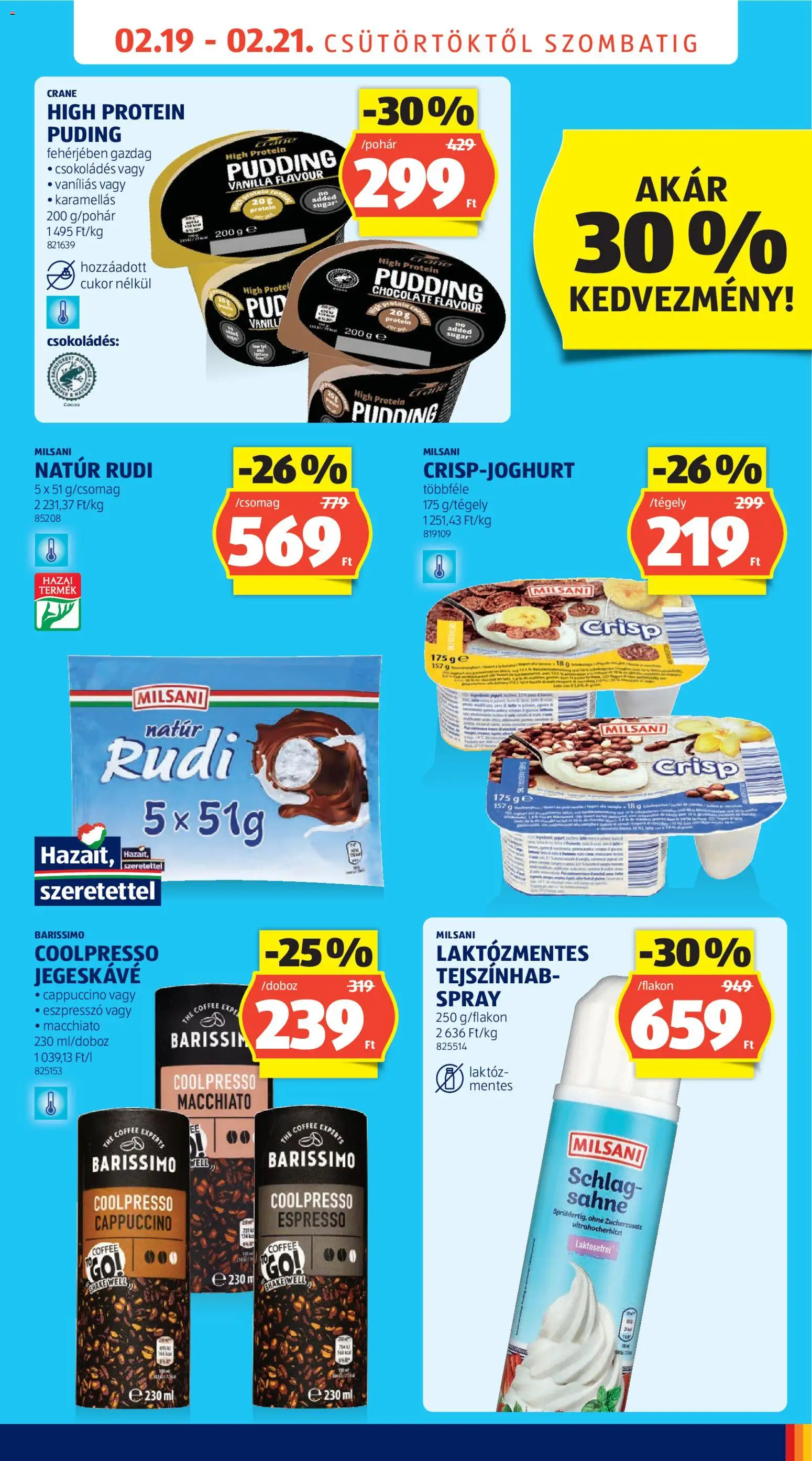 Aldi akciós ujság - amely érvényes a következő dátumtól: 19.02.2026 | Oldal: 7 | Termékek: Puding, Cappuccino, Protein, Doboz