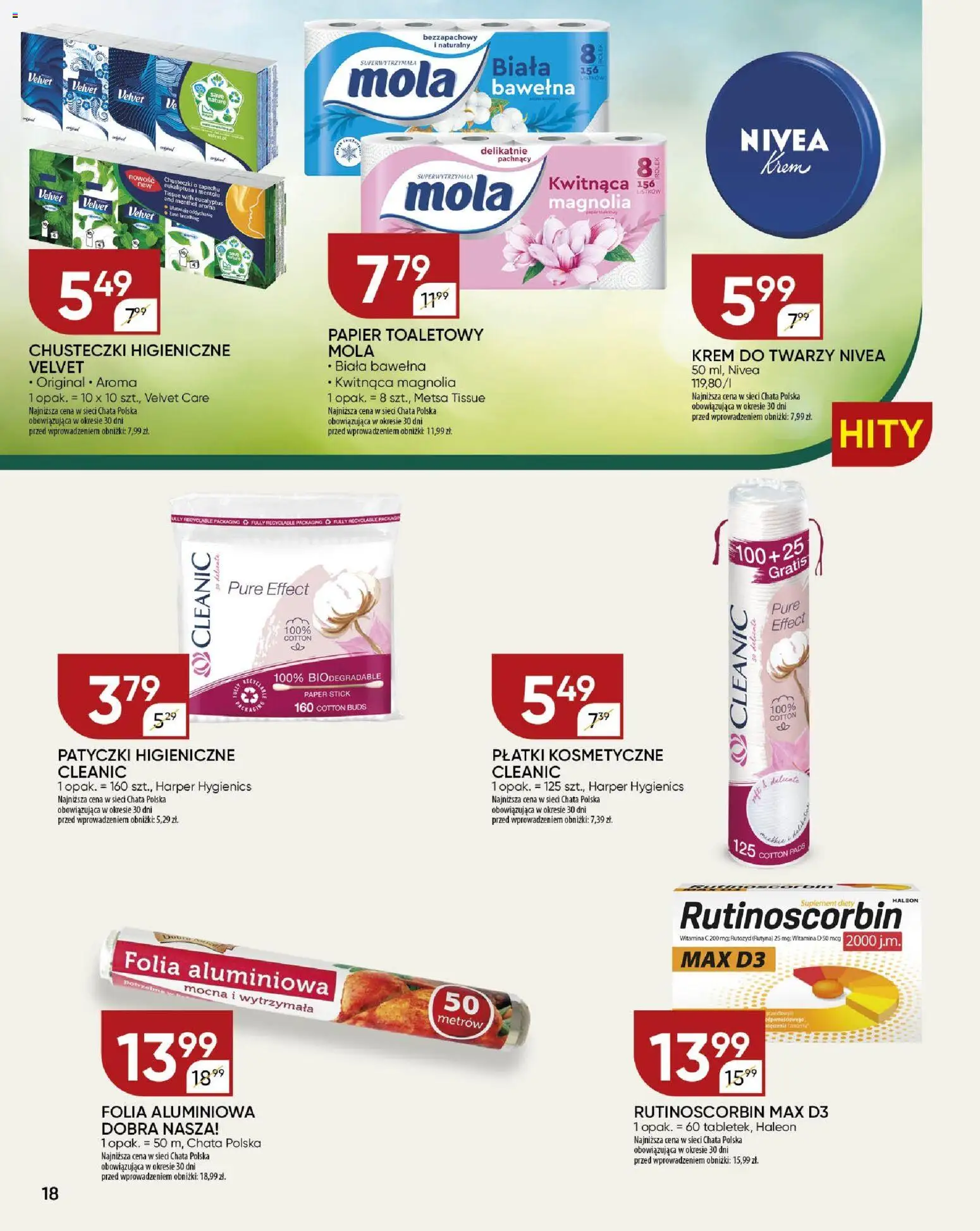 Chata Polska Gazetka od 29.12.2025 | Strona: 18 | Produkty: Papier toaletowy, Płatki kosmetyczne, Płatki, Krem do twarzy