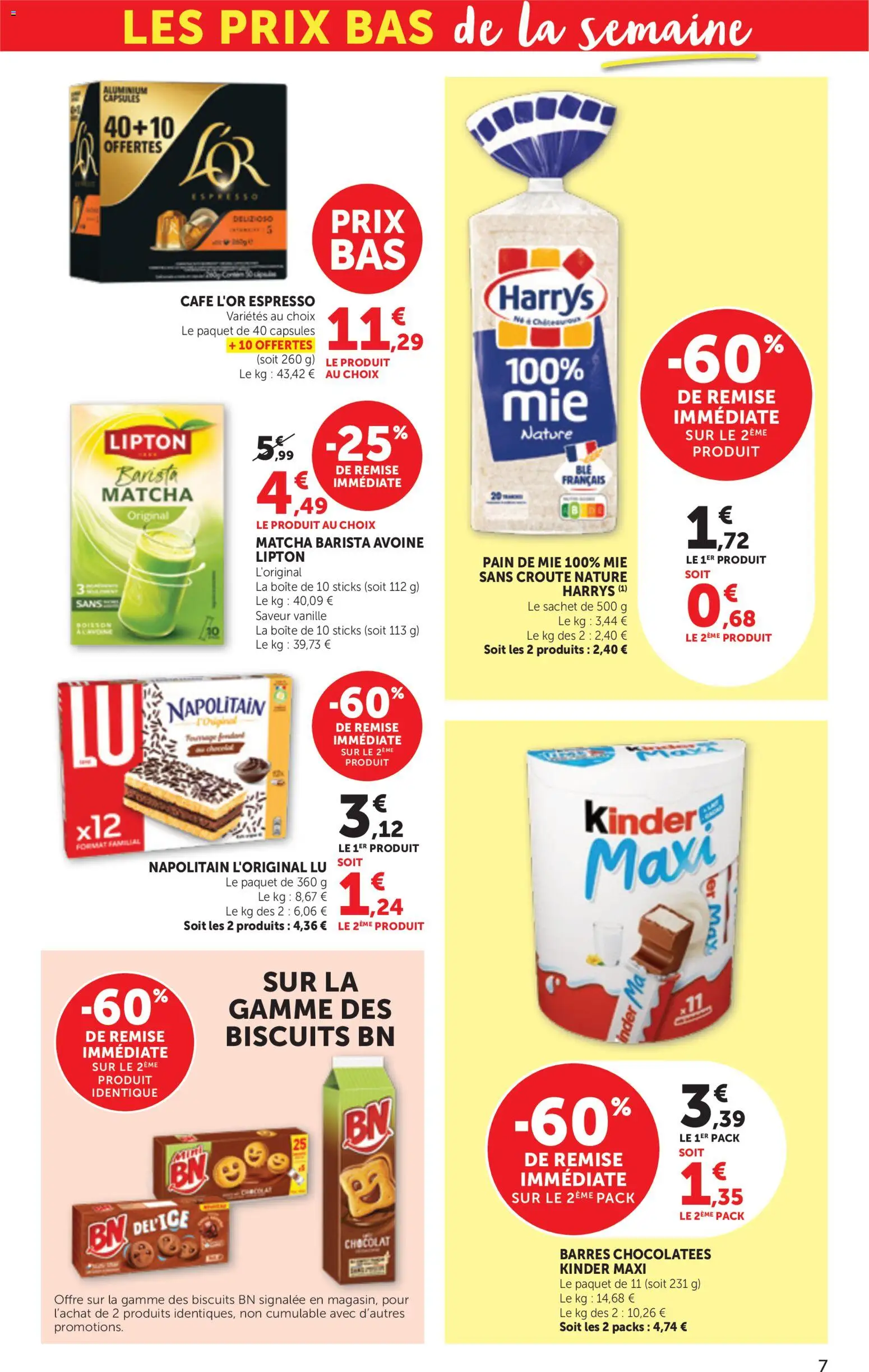 {H1} | Page: 7 | Produits: Matcha, Kinder maxi, Pain de mie, Café