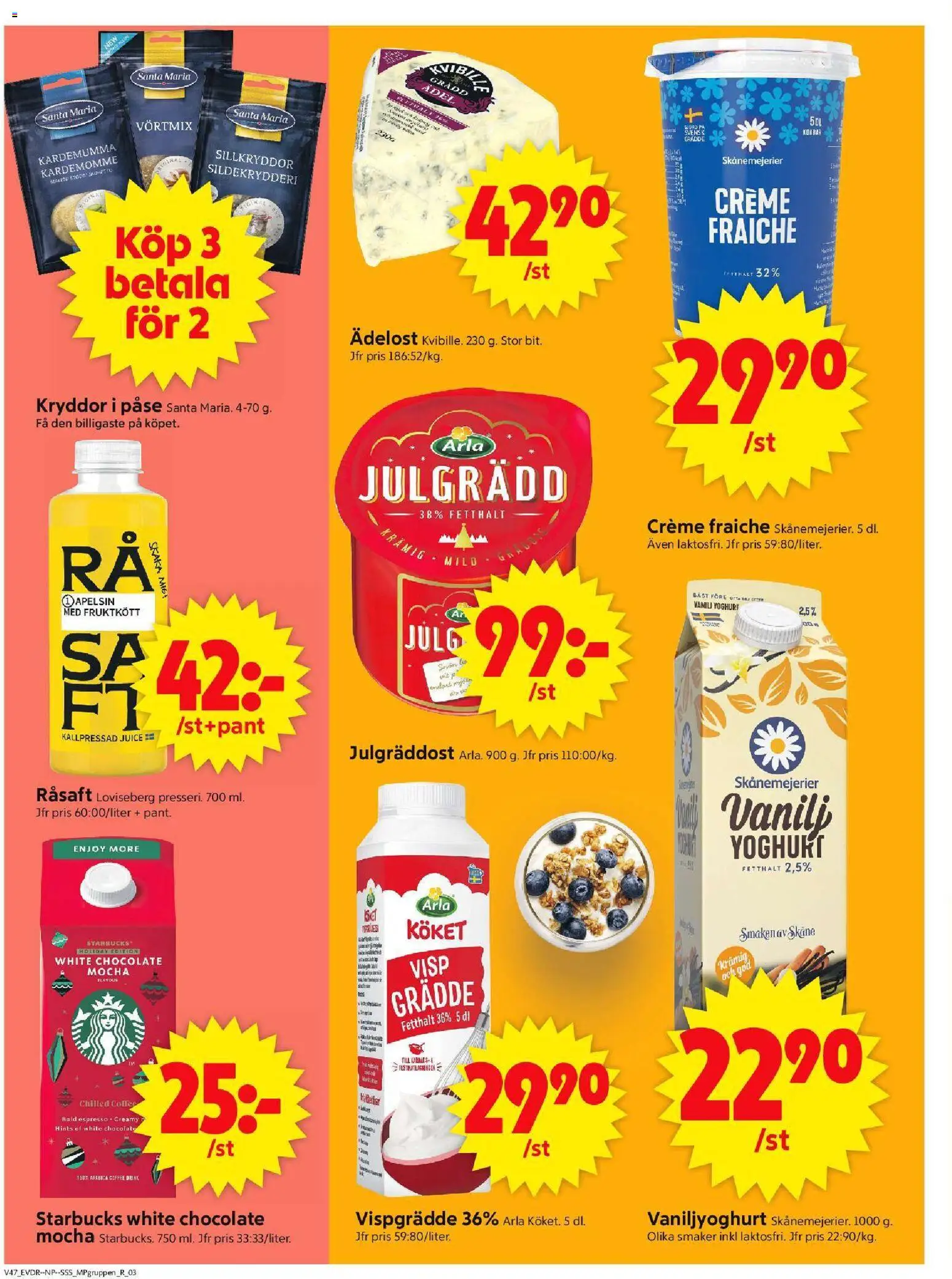 ICA Supermarket reklamblad aktuell från 17.11.2025 | Sida: 12 | Produkter: Creme fraiche, Kardemumma, Juice, Vispgrädde