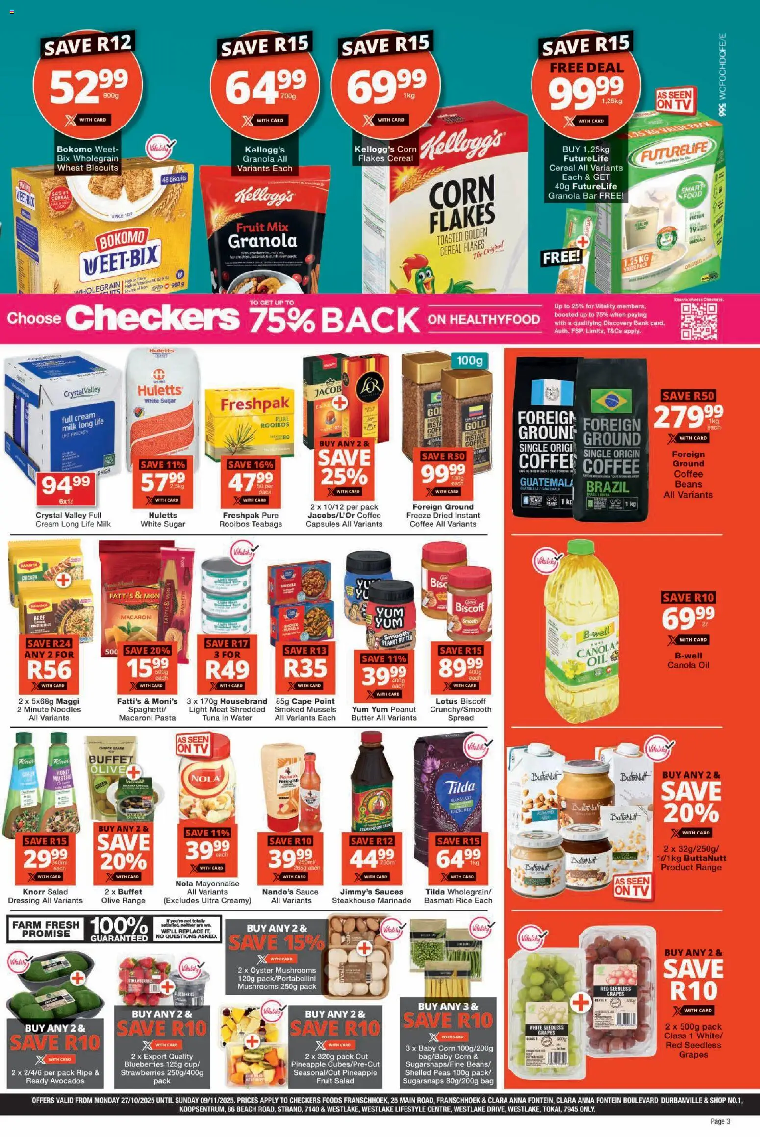 New Checkers catalogue – valid from 27.10.2025 | Page: 3 | Products: Tuna, Biscuits, Pineapple, Fruit