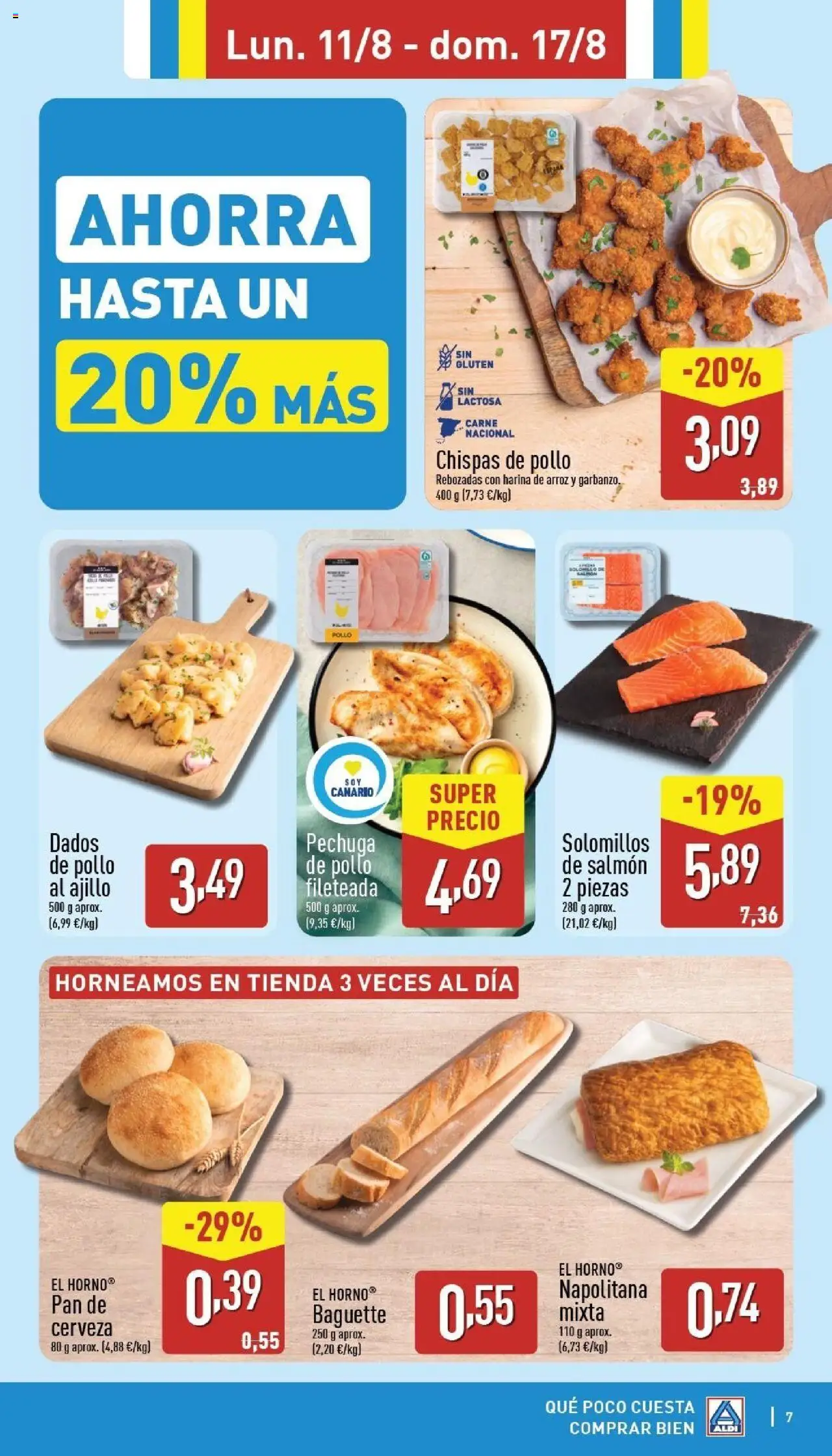 Aldi folleto Canarias │ válido desde el 11.08.2025 | Página: 7 | Productos: El horno, Pechuga de pollo fileteada, Pan, Cerveza