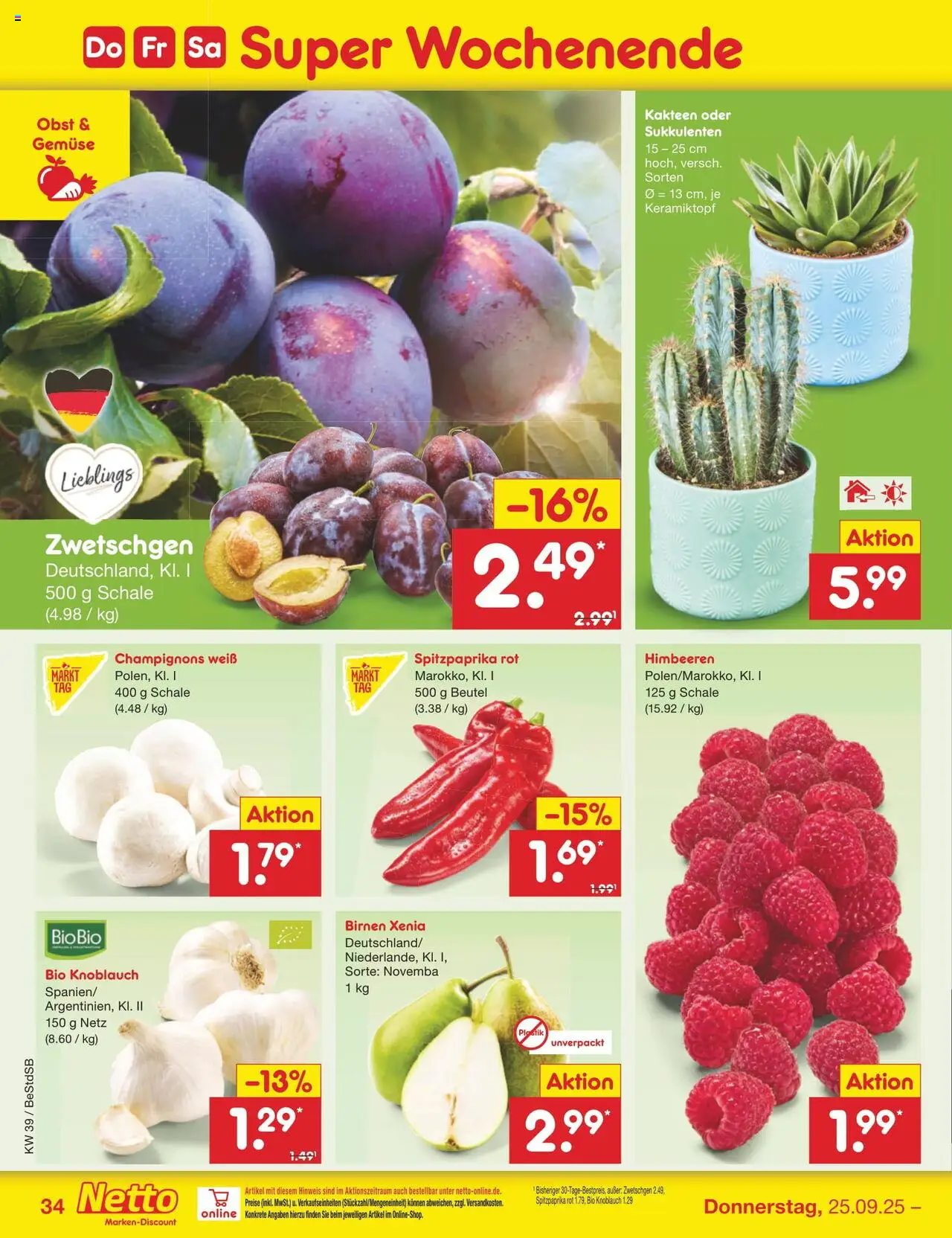 Netto Marken-Discount Prospekt 	 – gültig ab 22.09.2025 | Seite: 38 | Produkte: Himbeeren, Gemüse, Obst, Knoblauch